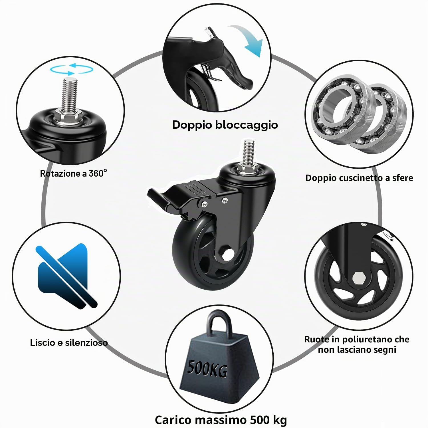 Ruote per Carrello con Perno Filettato M10 x 30mm, 100MM Ruote per Mobili con Freno, Ruote Girevoli Rotazione a 360° e Antigraffio, 4 Rotelle per Carichi Pesanti Capacità 500KG