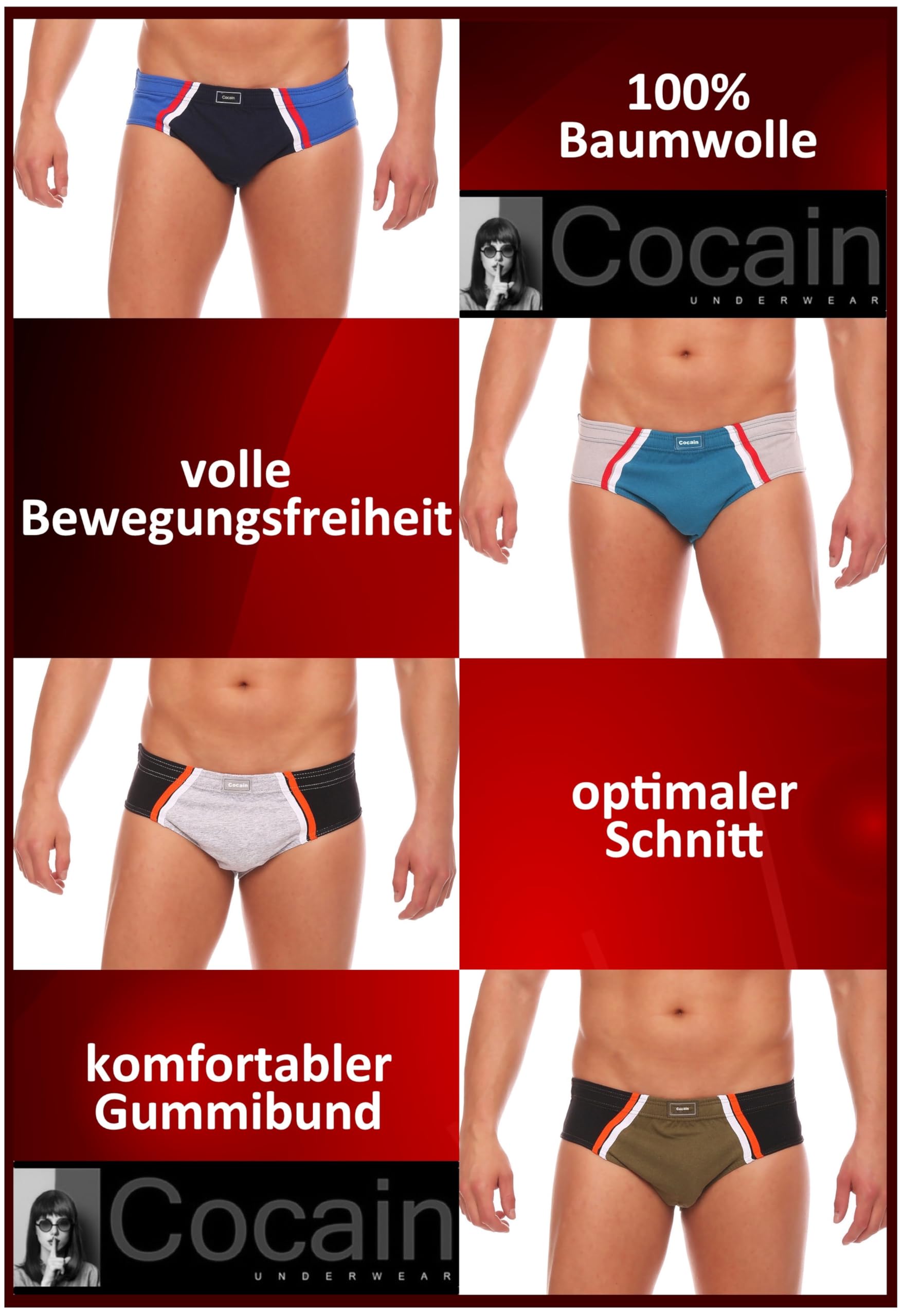 Cocain underwear 6 | 9 | 12 sztuk kolorowych męskich majtek sportowych majtki bez rozporka 100% bawełna czesana w różnych kombinacjach kolorystycznych rozm. M do 4XL