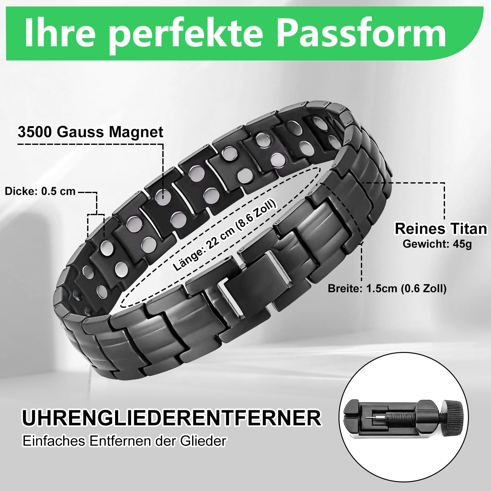 Magnetarmband Herren Doppelreihiges Titanarmband Ultra-Stärke-Magnete mit Einstellwerkzeug und Geschenkbox