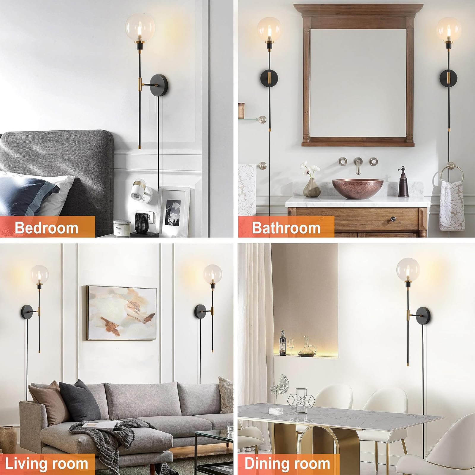 Vintage Industrial Wandlampe mit Schalter und Stecker Innen Wandleuchte mit Kabel Steckdose Wandbeleuchtung Glaskugel Schwarz Metall G9 für Wohnzimmer Schlafzimmer Loft (D,1 Stück)