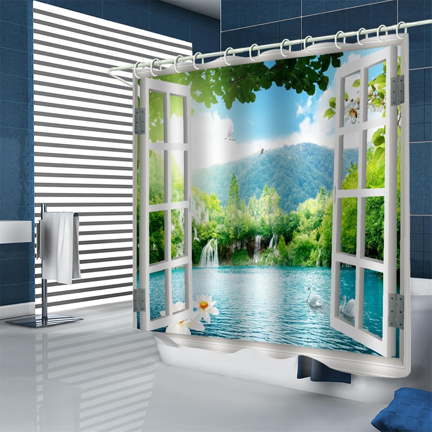 Lake Landscape Shower Curtain 60 x 60 in (150 x 150 cm) Summer Jungle Waterfall Window Scenery Rustic Farmhouse Fabric Shower Curtain Decorative for Bathroom with Hooks, Waterproof