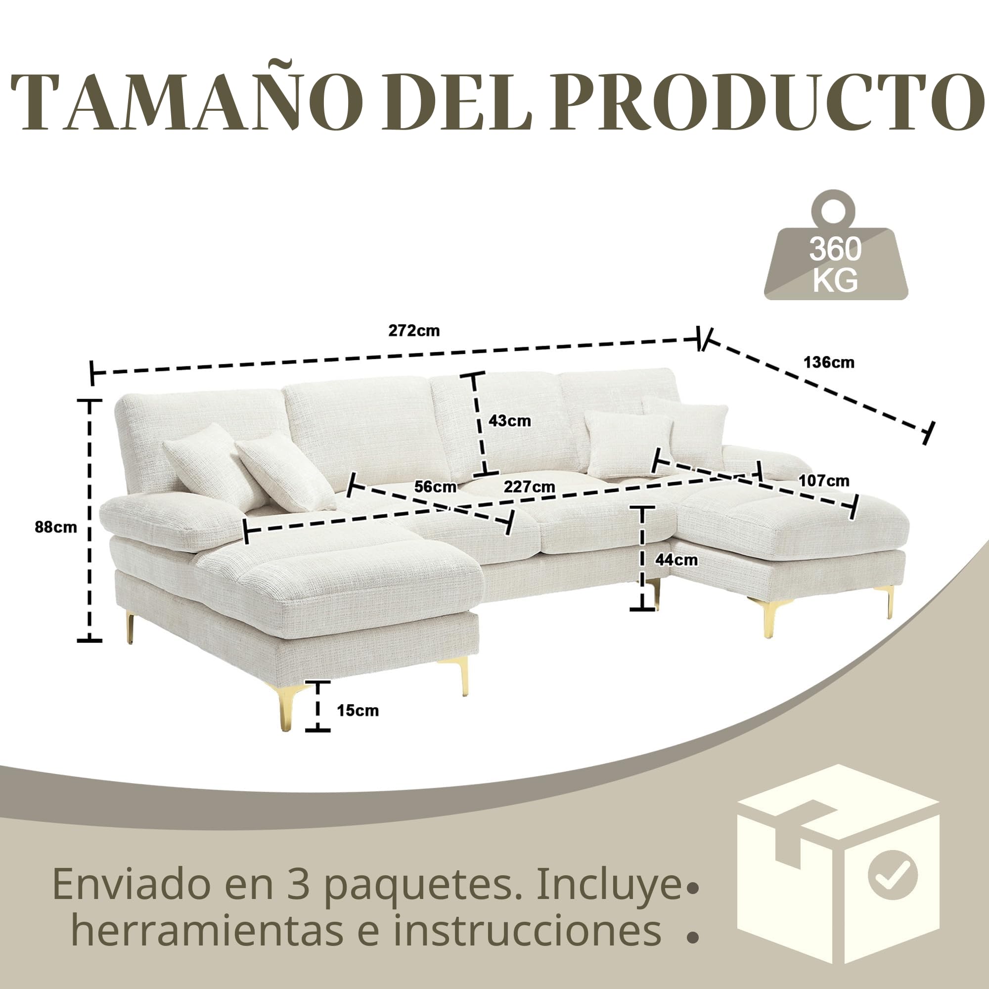 Lubvtti Sofá Moderno Grande de Chenilla en Forma de U con Asientos Dobles reclinables, sofá de Esquina, sofá 4 plazas para Sala de Estar/Dormitorio, Beige