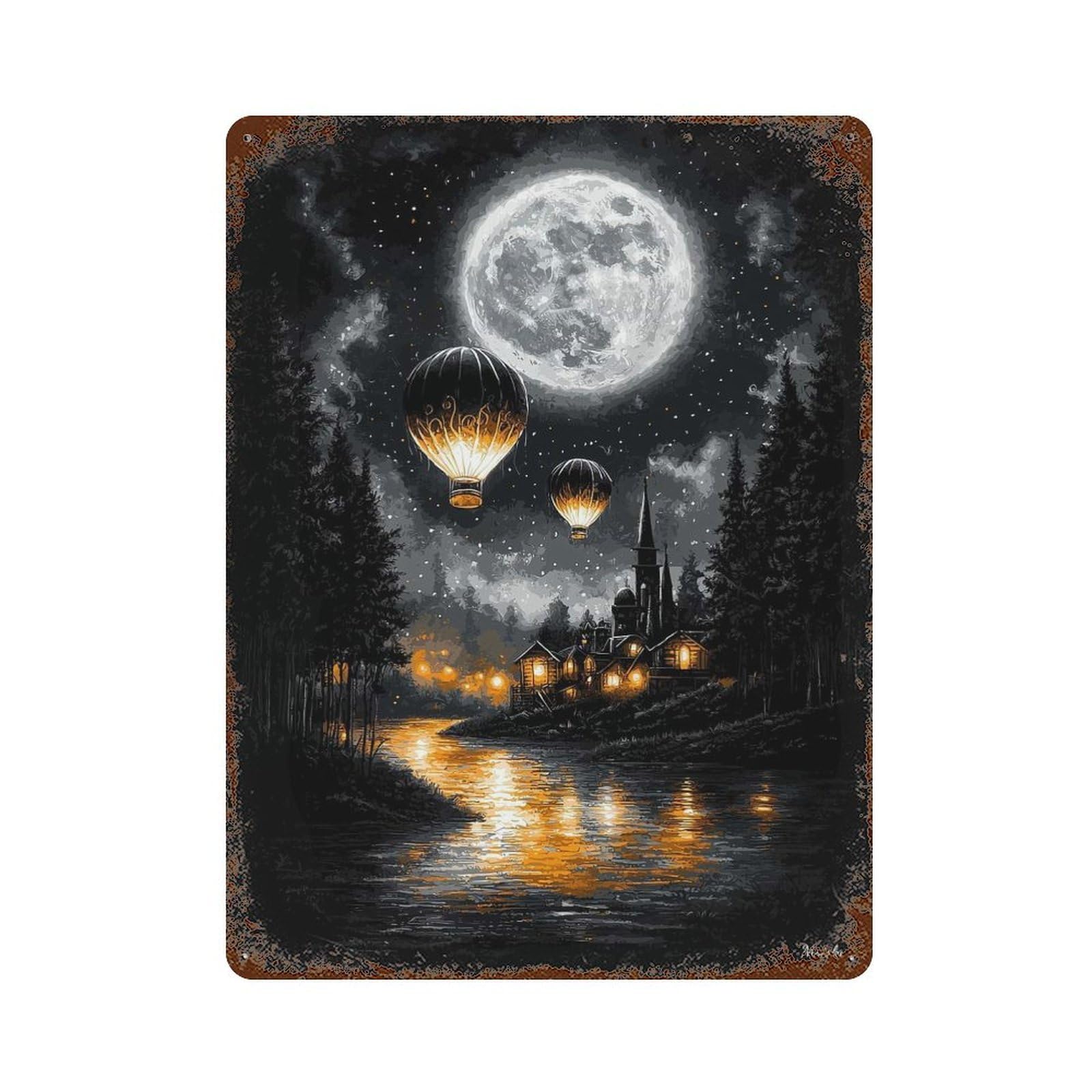 Enchanted Moonlit Flight – Vintage Hot Air Balloons Over A Dreamy Village Weathered Tin Sign 15.7"x11.8", Novelty Wall Decor for Garage, Pub Or Kitchen