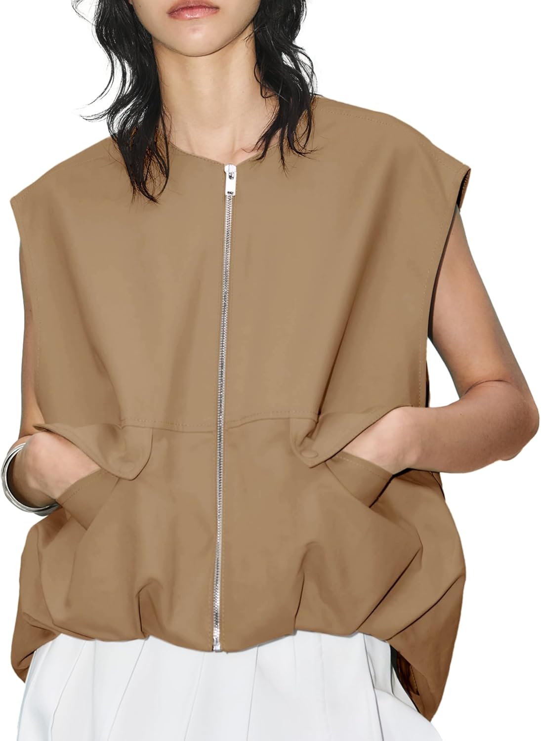 Womens Casual Zip Up Cargo Vest Top Oversized Lightweight Ruched Hem Sleeveless Blazer Jackets Vest Tops - Image 4