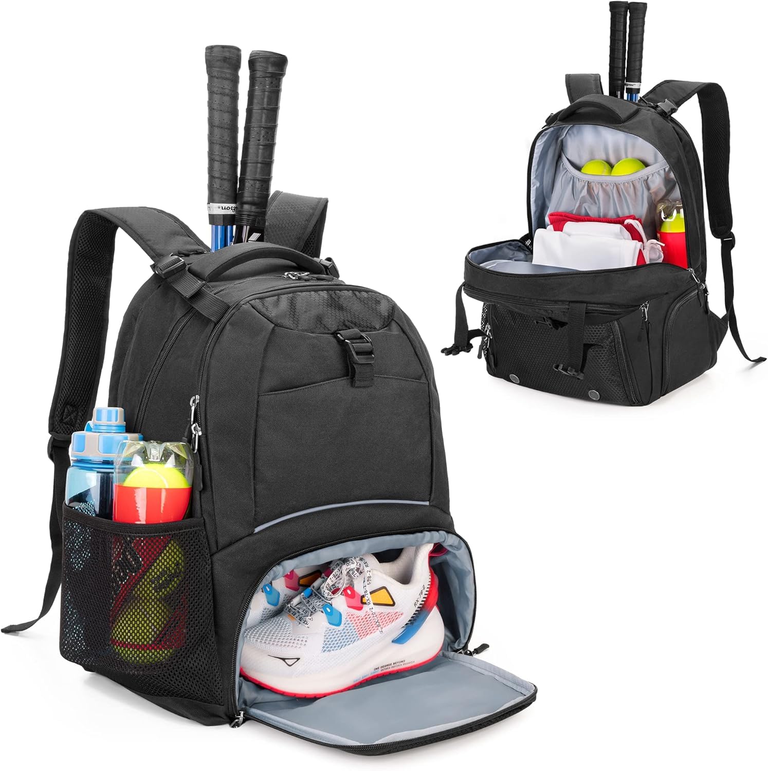 Panavage | Premium Tennis Backpack for 2 Rackets | Ventilated Shoe Compartment | Ideal for Tennis/Pickleball/Badminton/Squash | 30x22x48cm (Black)