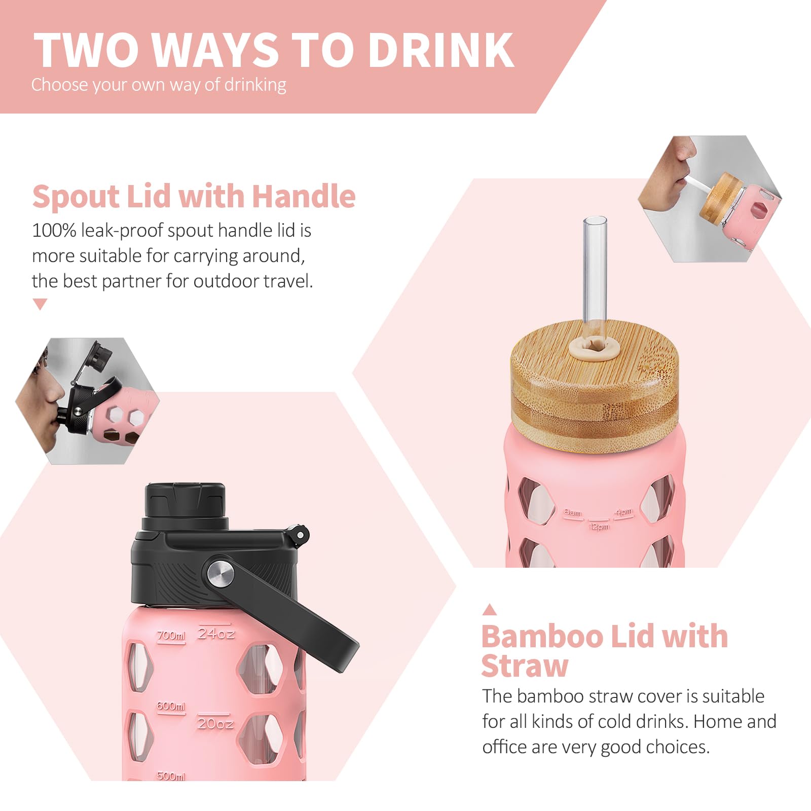 HYDRAGLAZIC 700ML Glass Water Bottle with 2 Flip and Bamboo Straw Lids Sports Water Tumbler with Time Reminder and Silicone Sleeve Leak-proof BPA Free - Image 2