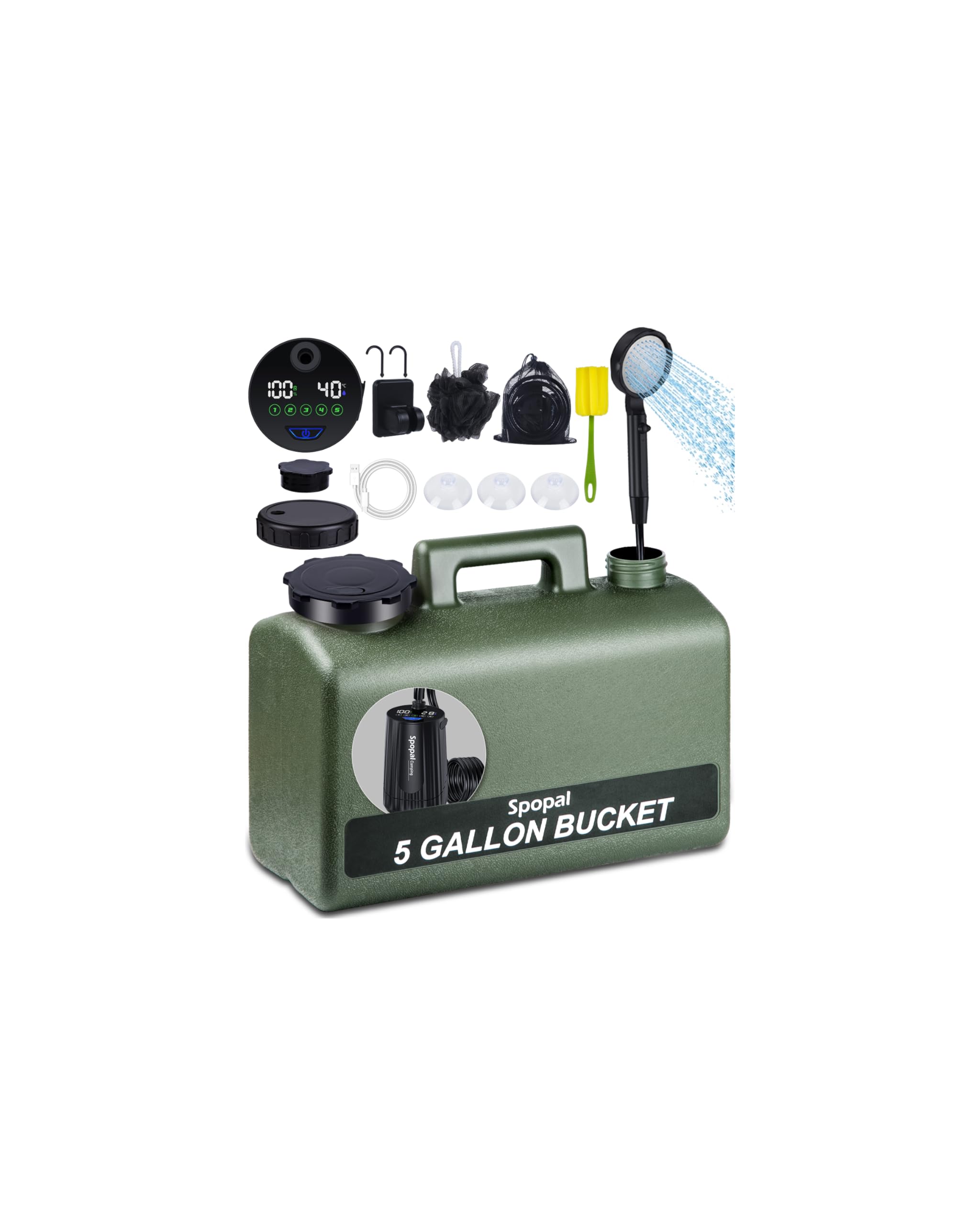 Spopal Ducha Portatil Camping, [Pantalla Temperatura] 10000mAh Recargable Ducha Camper con 20L Garrafa Agua de Plástico, Modo de 5 Velocidad, Ducha Electrica para Acampar, Ducha de Playa & Perros