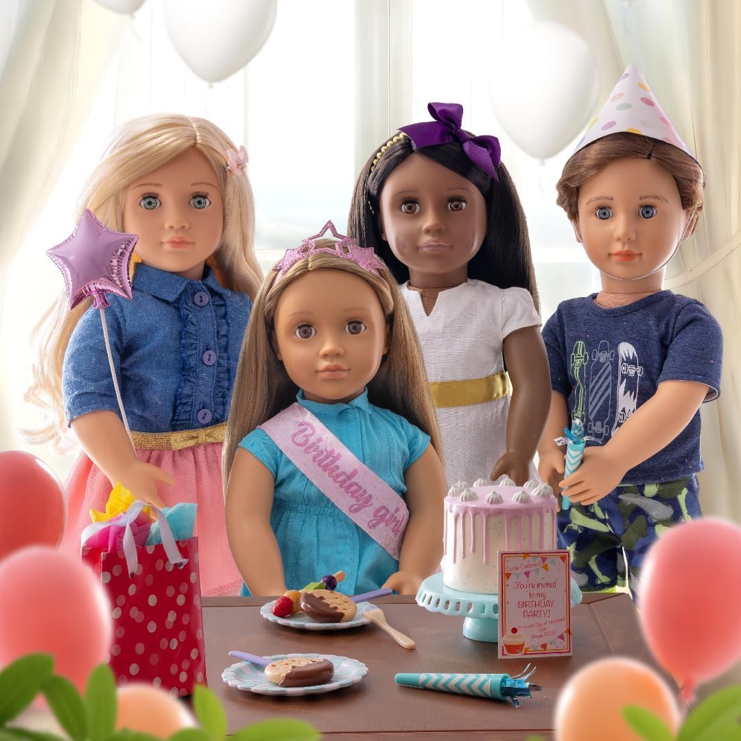 Our Generation - Emily - Bambola posabile da 46 cm - Capelli biondi e occhi verdi - Torta di compleanno e accessori per feste - Gioco di finzione - Giocattolo per bambini dai 3 anni in su