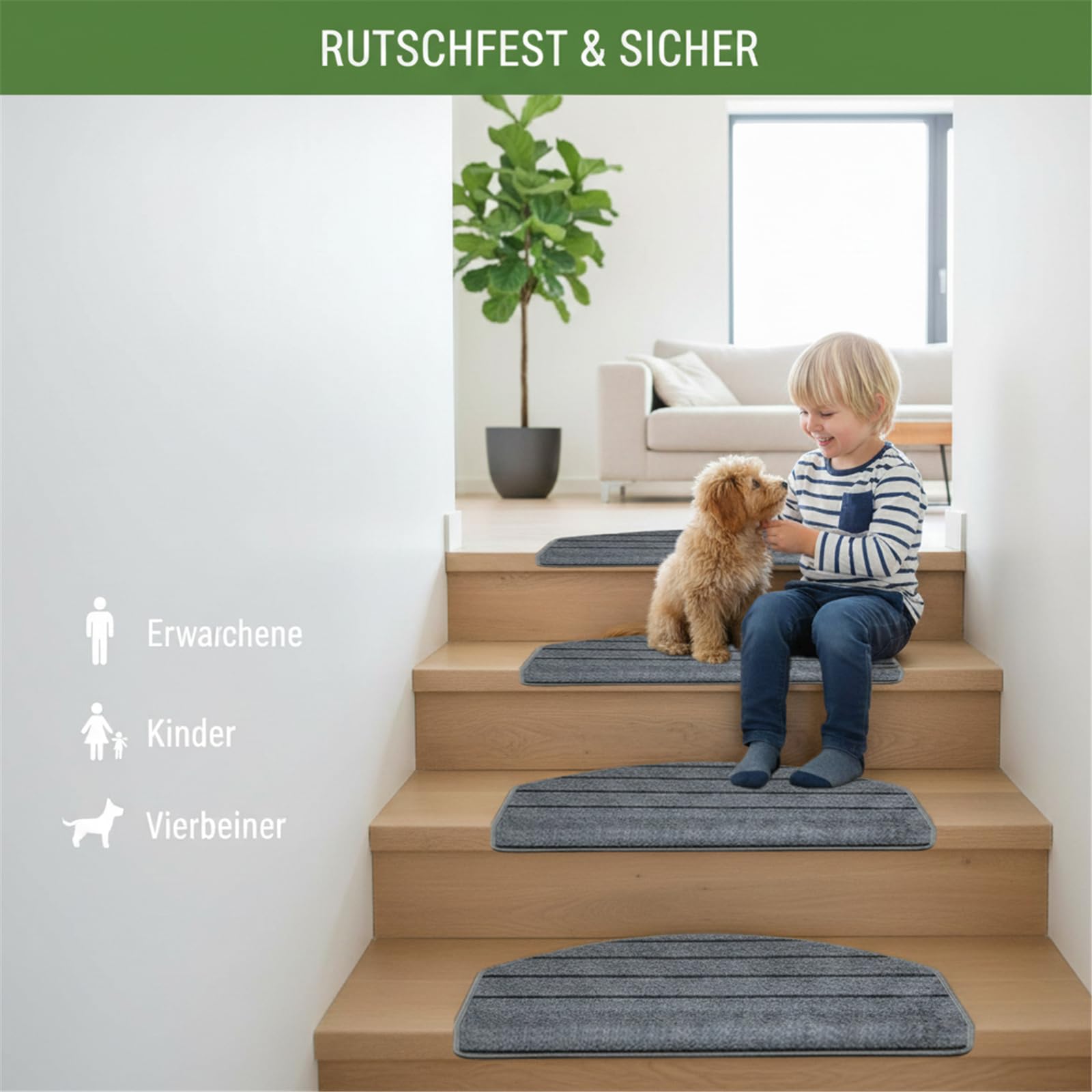 15 Stück Stufenmatten Treppen-Teppich - 65x24cm Treppenstufen Matten Halbrund Trittfläche, Teppich für Treppenstufen, Treppenschutz, Treppenteppich für Kinder Ältere und Hunde
