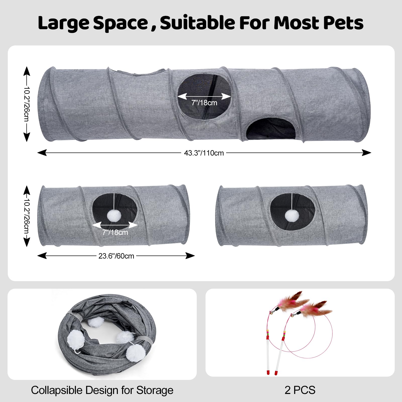 Odoland Katzentunnel in Leinen DIY Spieltunnel mit Ball Katzenspielzeug Faltbar Pet Play Tunnel Tube für Katzen Kaninchen Kleintiere, 110cm, Grau