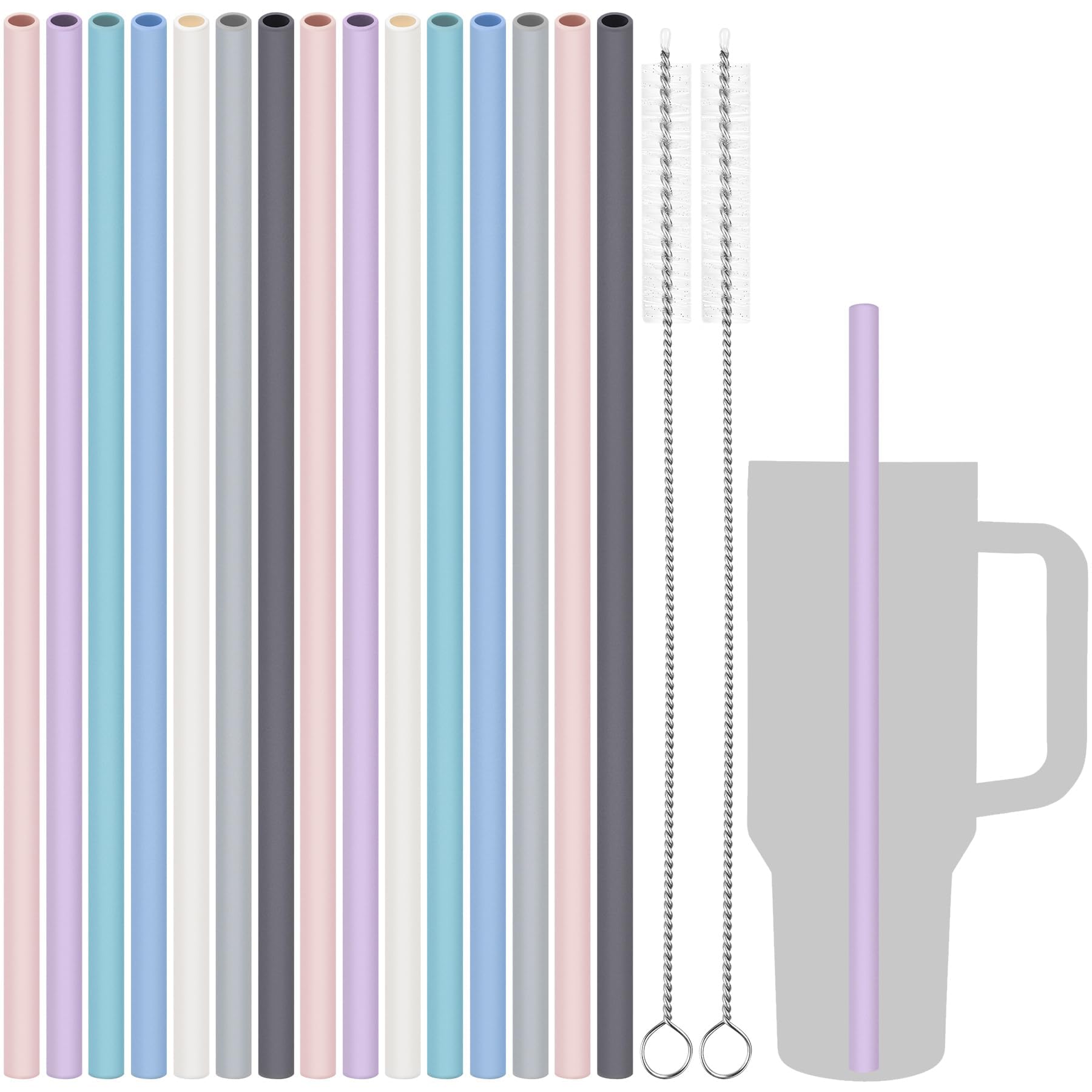 Tomorotec 15PCS Reusable Silicone Drinking Straws w/ 2 Brushes, Fit for Stanley Tumbler 40oz 30oz 20oz, 12" Long Customizable for Various Drinkware, Dishwasher Safe, BPA-Free, Safe for Teeth (Macaron)