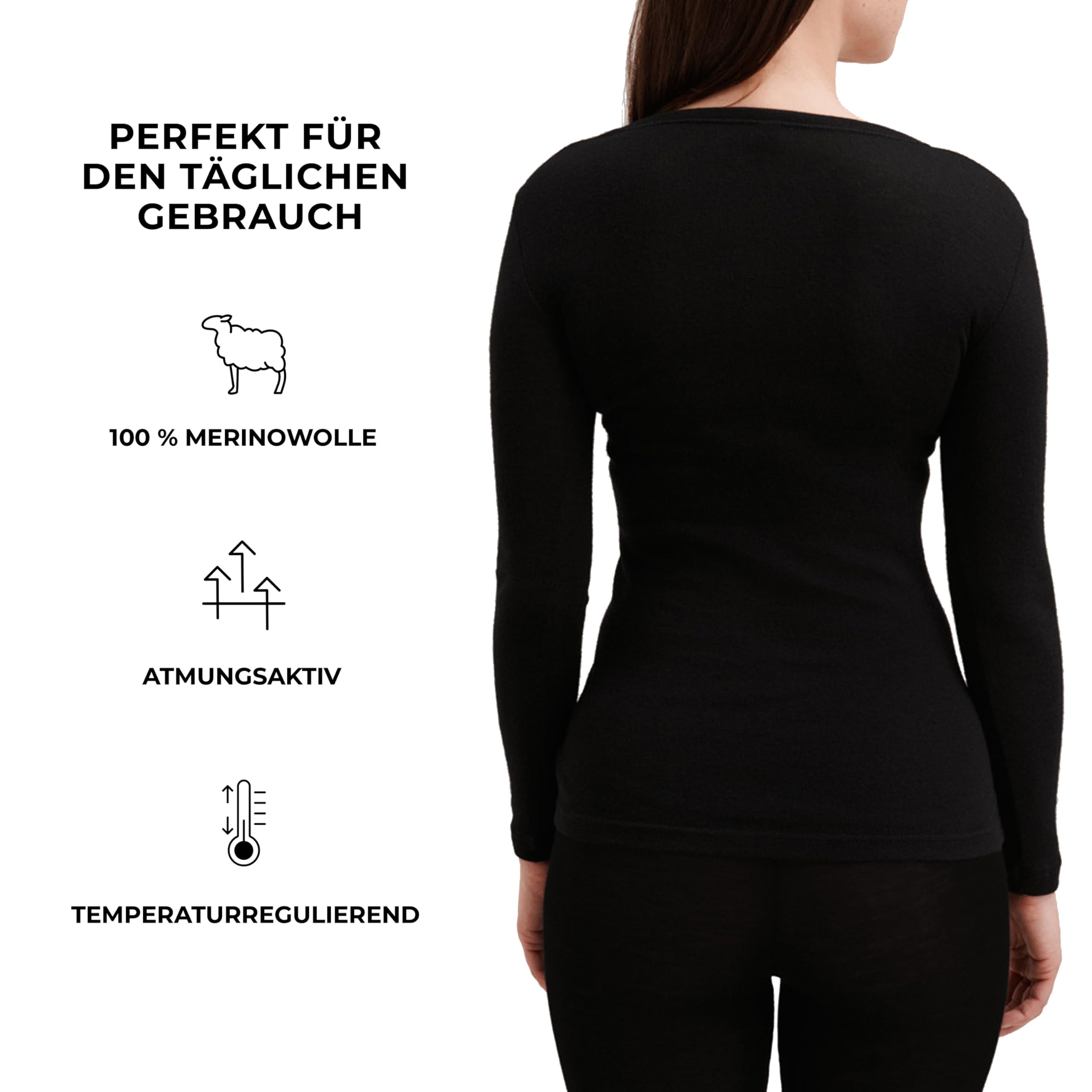 Dilling Damen Merinowolle Langarmshirt V-Ausschnitt Baselayer temperaturregulierend atmungsaktiv
