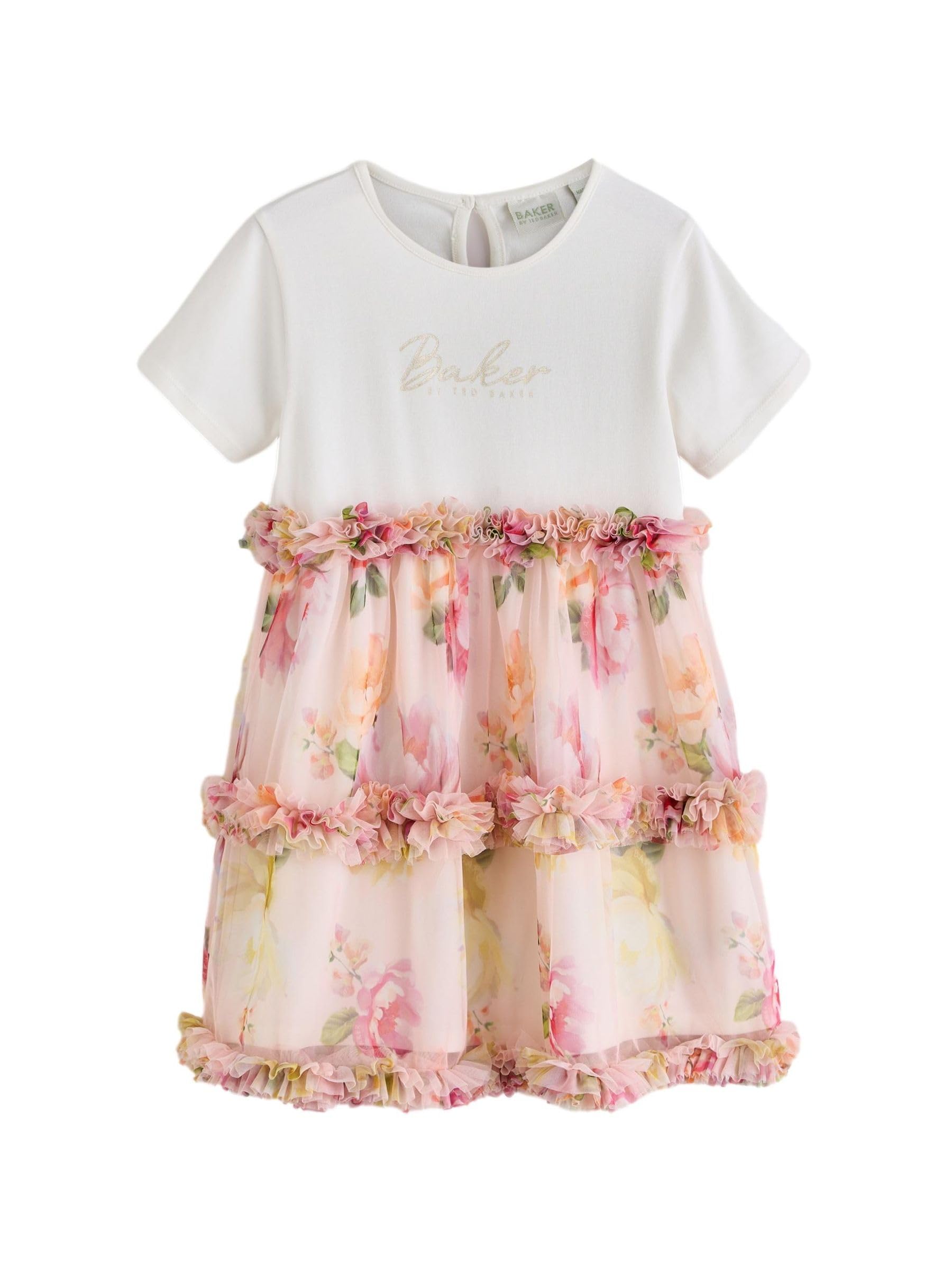 Młodsze dziewczynki Kwiecista sukienka z warstwą z siateczki i falbanką Baker by Ted Baker