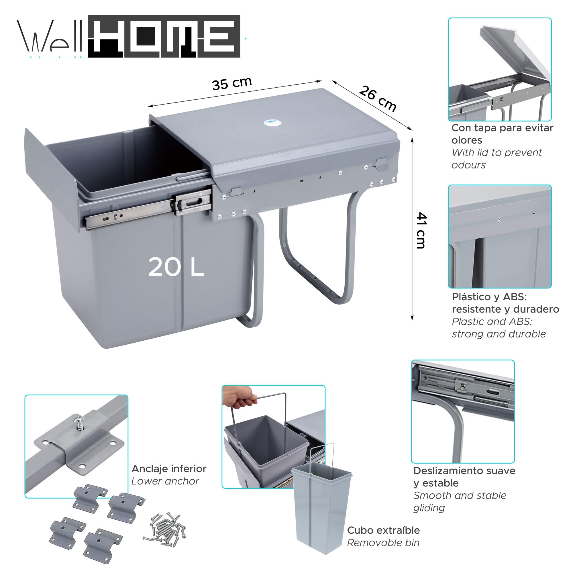 Poubelle de recyclage pour meuble de cuisine, poubelle sous évier 20 L, fixation inférieure et retrait manuel, poubelle amovible, avec couvercle