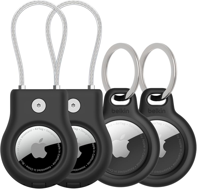 Kit Belkin de Suportes para Apple AirTag com Argola e Cabo de Aço, Preto, 4 Peças