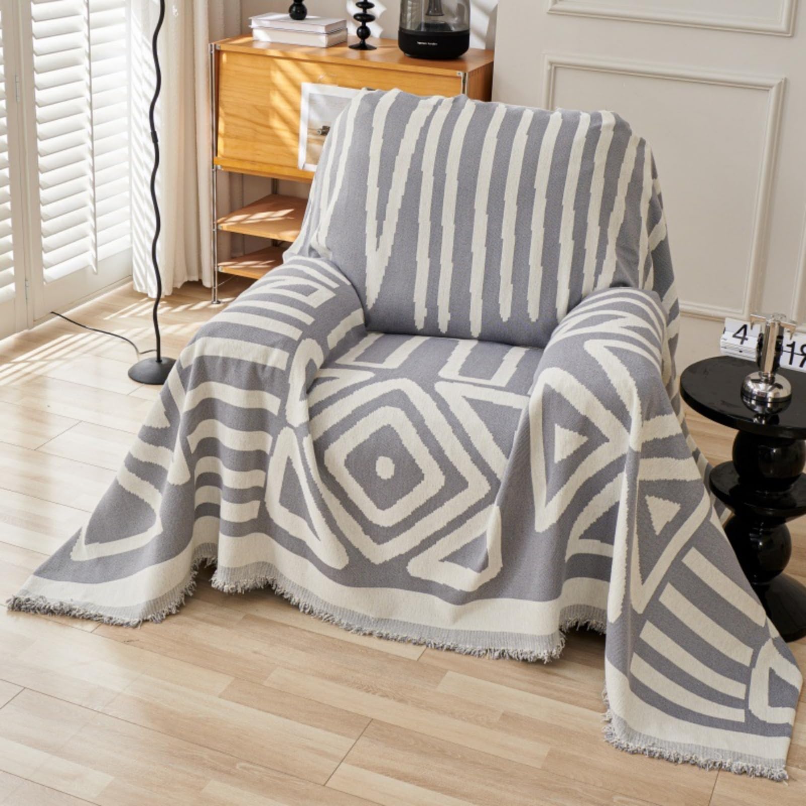 TAOTAOGO Sofa Cover 2 3 Seater Boho Chenille Corner Sofa Slipcover Washable L Shape Sofa Covers Reversible Sectional Couch Cover with Tassel Furniture Protector Loveseat A Grey 180x260cm โ image 1