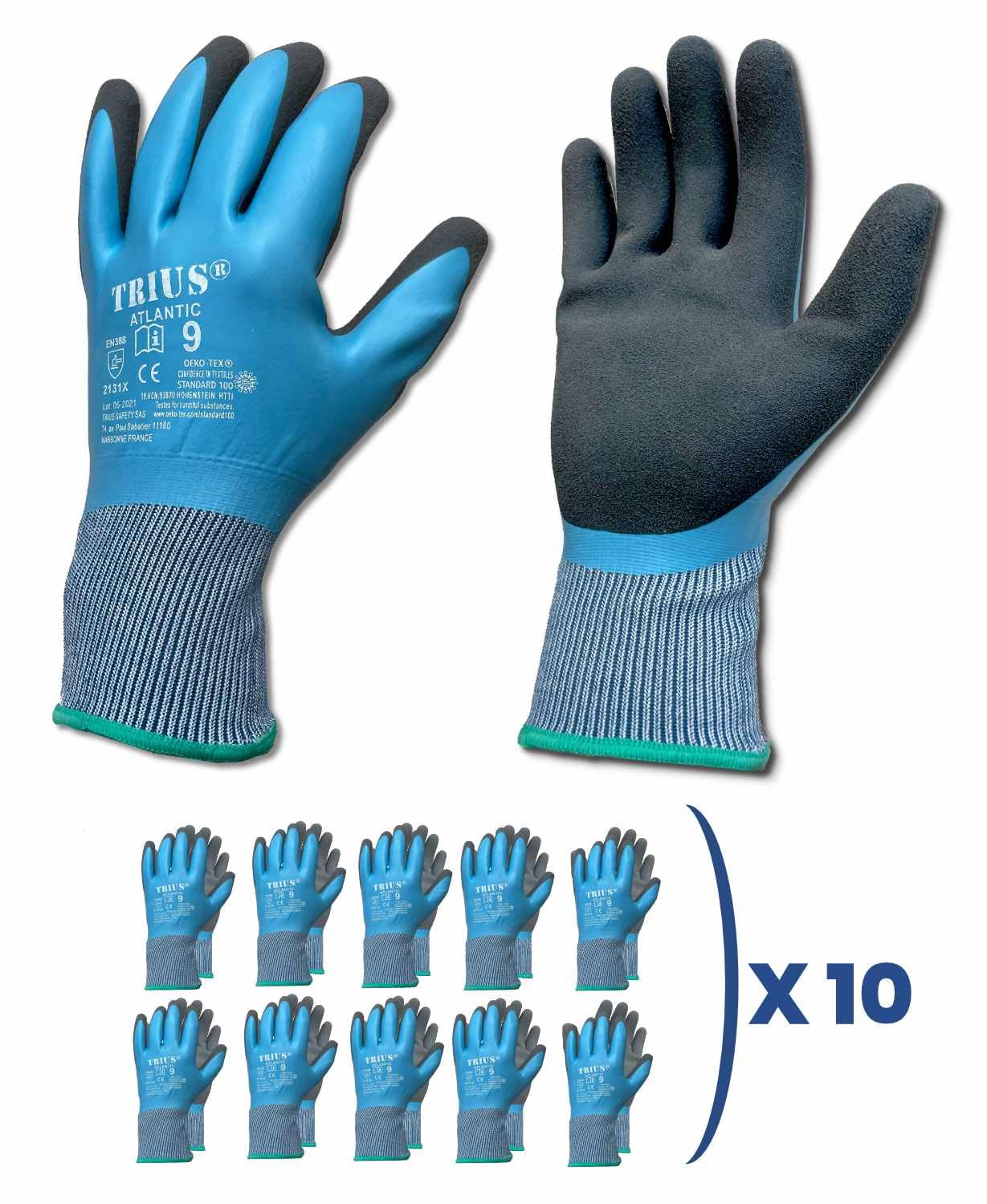 TRIUS ATLANTIC - 10 paia di guanti protettivi impermeabili all'acqua e agli oli, doppio rivestimento in lattice per una presa perfetta, ideale per costruzione, manutenzione, cantiere, taglia 11/XXL