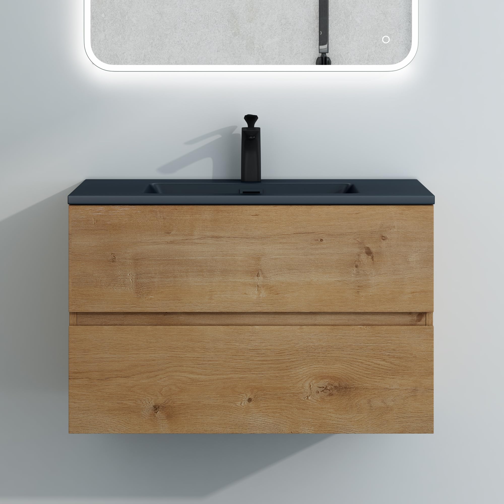 Mai & Mai Badmöbel-Set Waschtisch mit Unterschrank Mineralguss Waschbecken in Anthrazit Waschbeckenunterschrank 80x48x50cm Kerneiche 2-Schubladen Soft-Close Aqualis