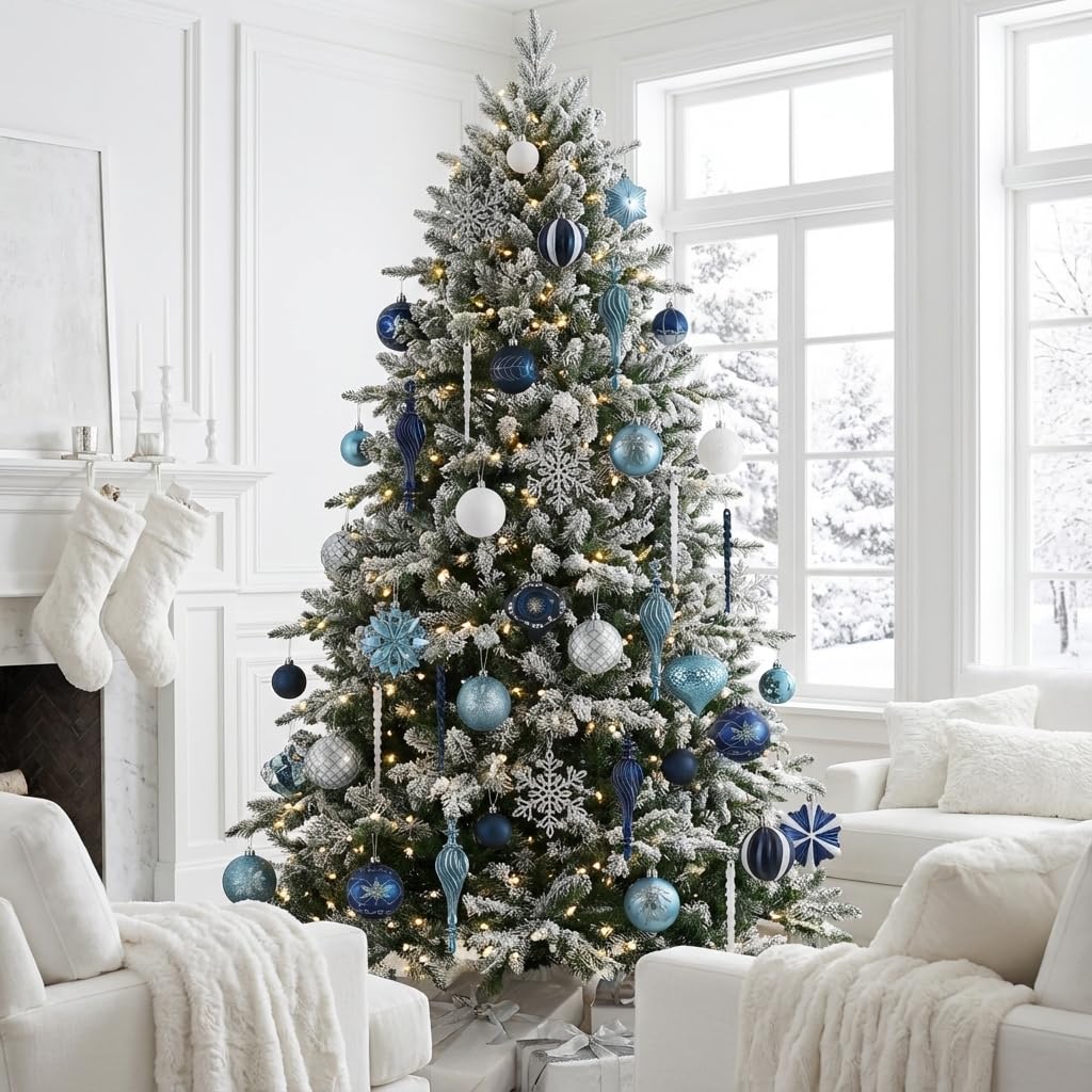 Valery Madelyn Lot de 130 décorations de sapin de Noël à suspendre en plastique incassable pour intérieur et extérieur – Pendentifs saisonniers pour fête de Noël, couronne, guirlande (bleu et argenté)
