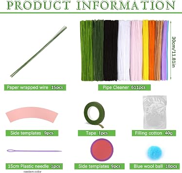 UzecPk 611Pcs Pipe Cleaner Flower 10 Colors Pipe Cleaners Bulk | Chenille Stem Pipe Cleaners Craft Pipe Cleaners Flowers Kit with Floral Wire, Floral Tape, Instructions for Craft Projects