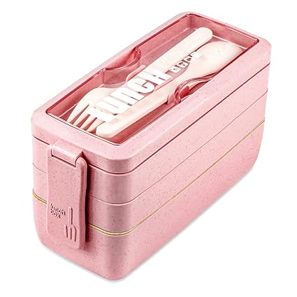Iteryn Bento Box Lunch Box, 3-In-1 Compartment Containers - Wheat Straw, Leakproof Stackable Bento Lunch Box Meal Prep