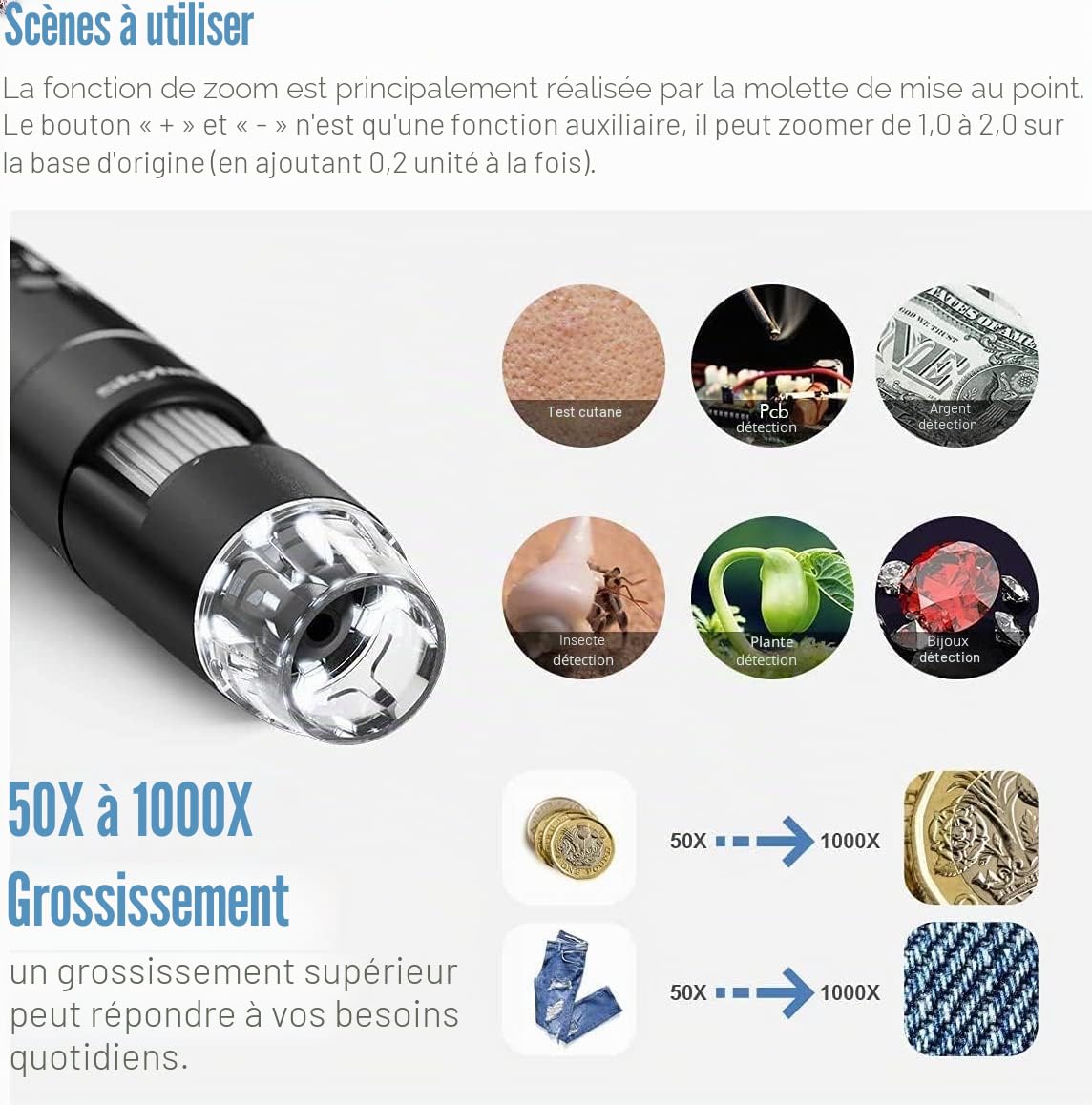 Microscope numérique Wi-FI, loupe SKYBASIC 1000X/microscope numérique Portable pour Adultes avec 8 LED pour Smartphones et Ordinateurs Android et iOS