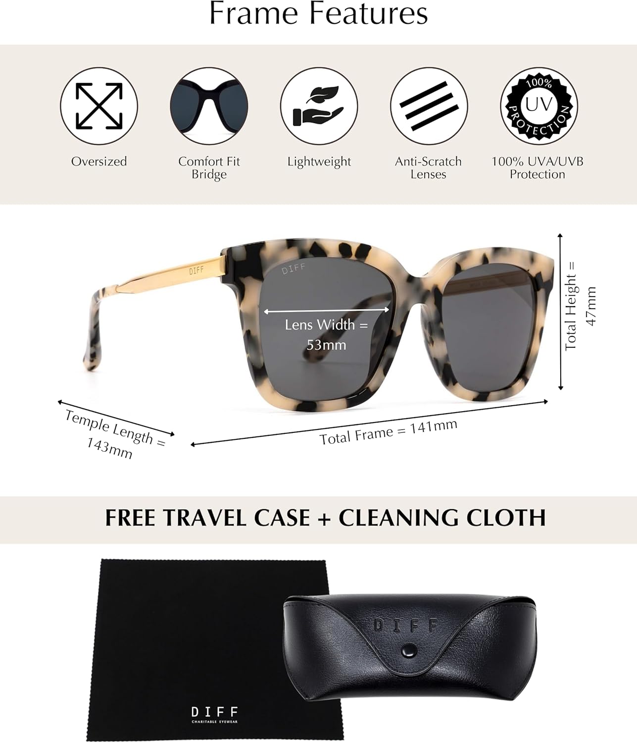 DIFF Bella Oversized Square Sunglasses for Women | Designer Tortoise Frames | 100% UV Protection - Image 3