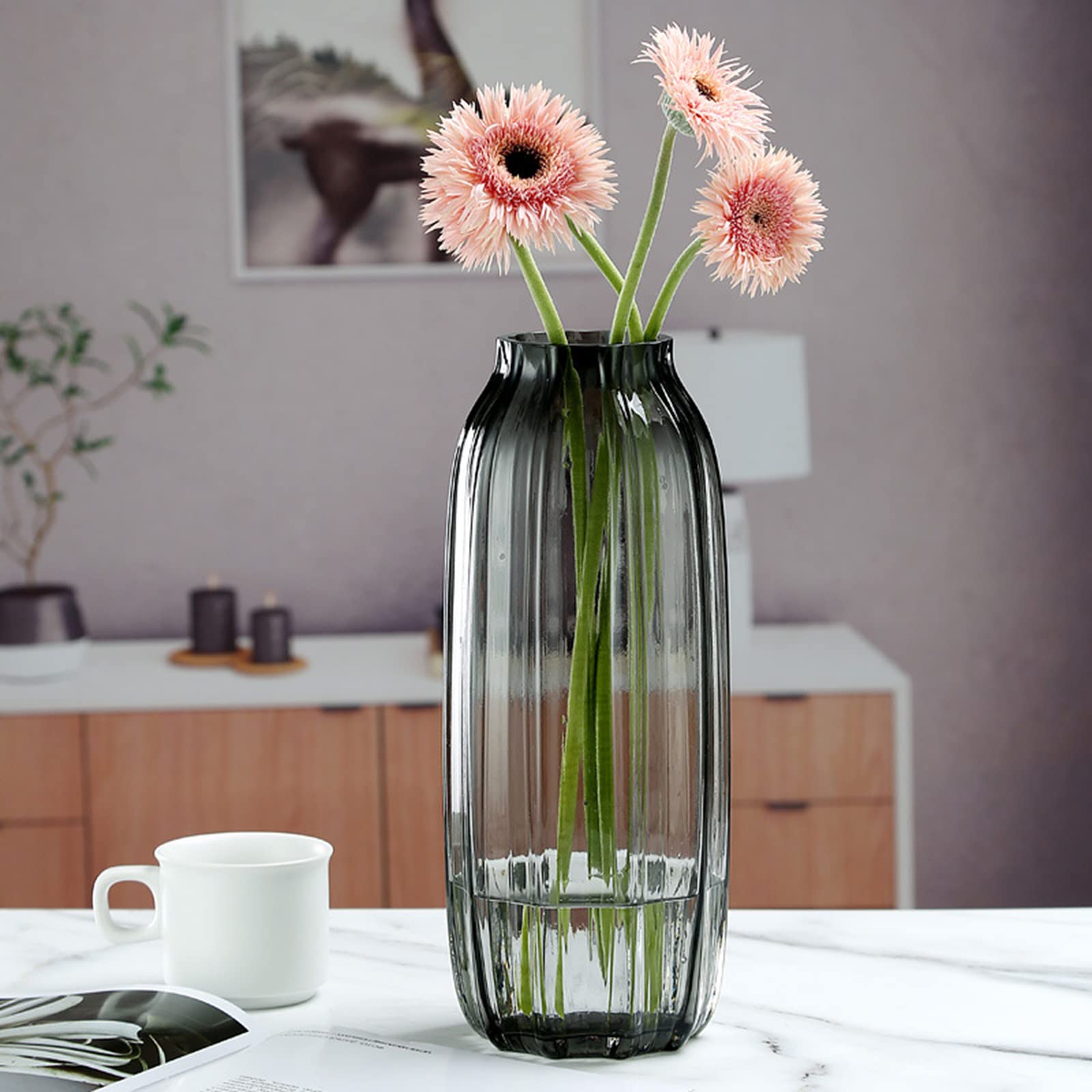 Vase en Verre Noir et Gris pour Fleurs, Haut en Forme de Bourgeon Gris foncé, H 32 cm, Design Simple rayé pour décoration de Sol de Maison, décoration de Ferme, Centre de Table, Table Basse