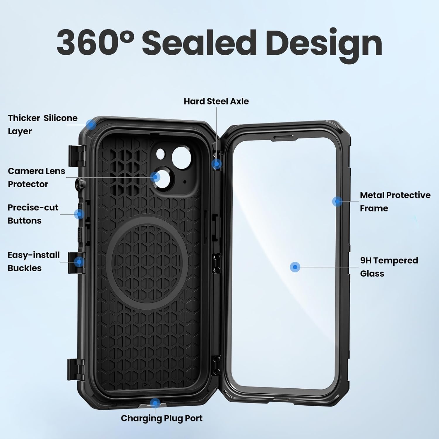 Mitywah for iPhone 14 Case with Buckle, IP68 Waterproof Military Metal Case with Built-in Screen and Camera Protector, Heavy Duty Full Body Drop Proof Shockproof Phone Cover 6.1 inch, Black