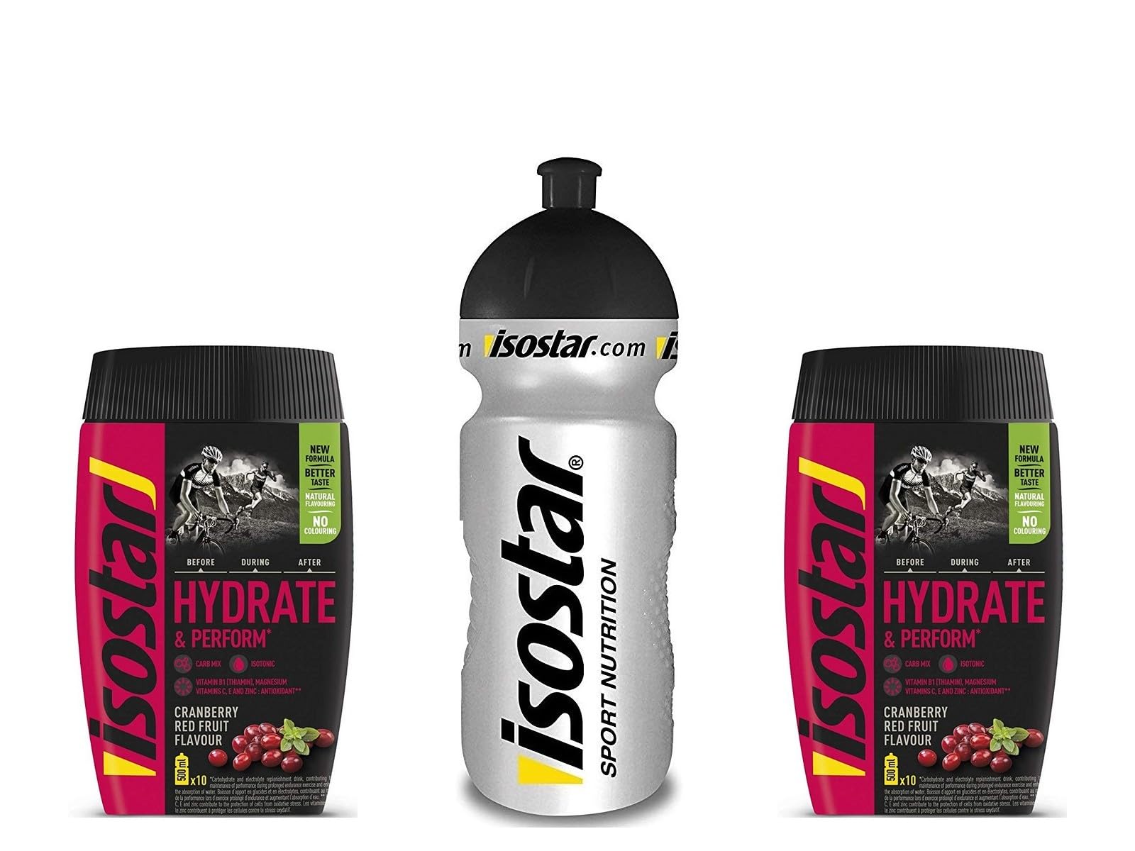 Isostar Hydrate & Perform Iso Drink – 400 g izotonicznego proszku do napojów – proszek elektrolitowy wspomagający sportowe wyniki – 2 x żurawina + butelka 0,5 litra