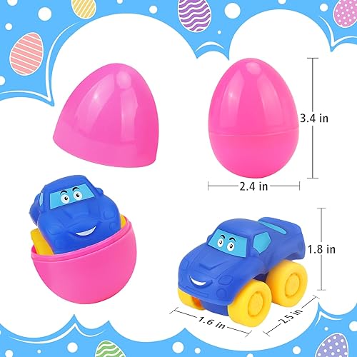 Miniatura 6 de Huevos de Pascua precargados con autos de juguete: 12 huevos de Pascua rellenos con juguetes de goma suave, rellenos de cesta de Pascua para bebés,