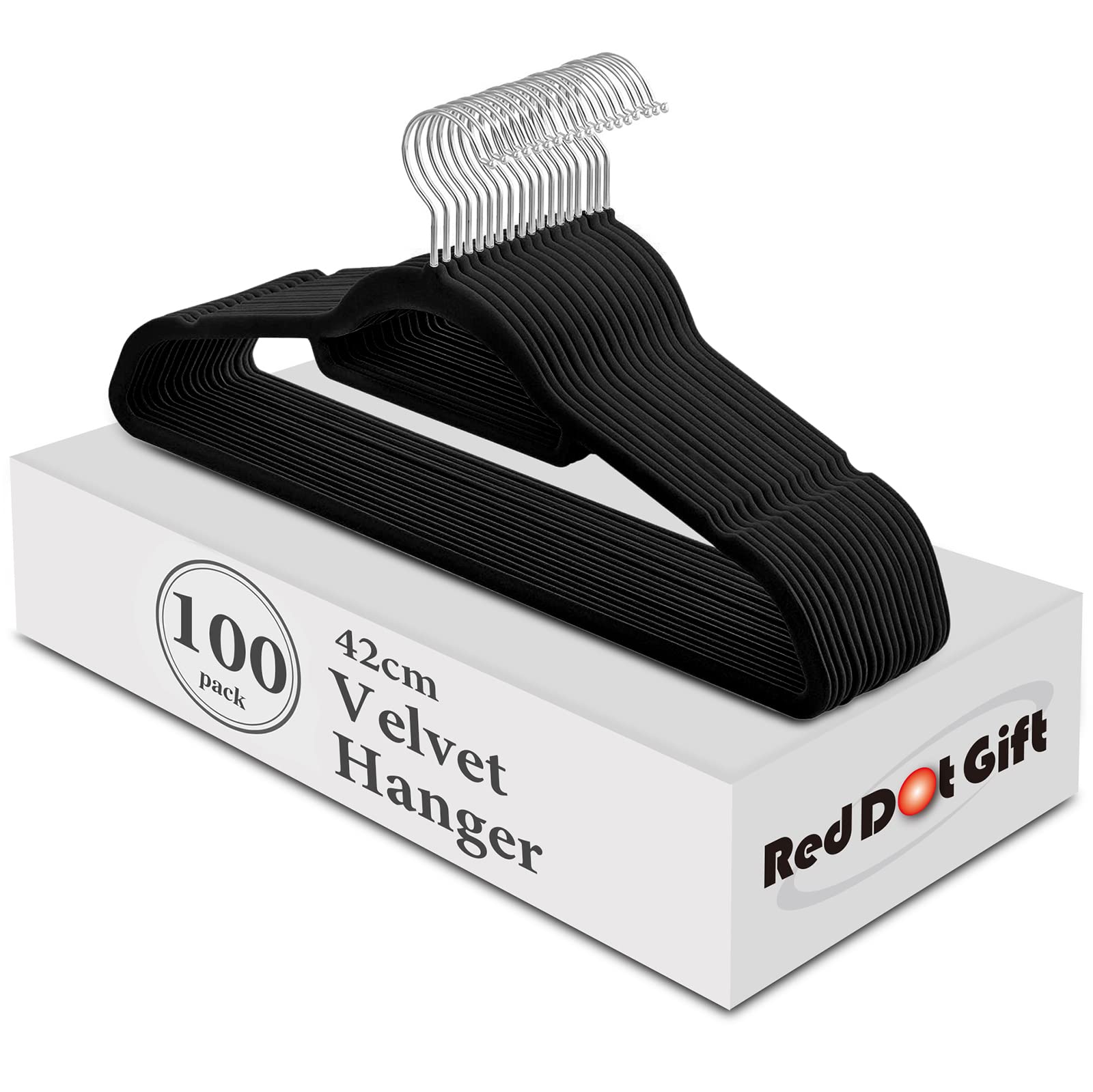 – Red Dot Gift® 100-Pack Black Non-Slip Velvet Hangers 42cm With 360 Degree Rotatable Hook - Durable & Slim - Non Slip Hangers for Coat Hangers - Pant Hangers…(Black, 100 pack)