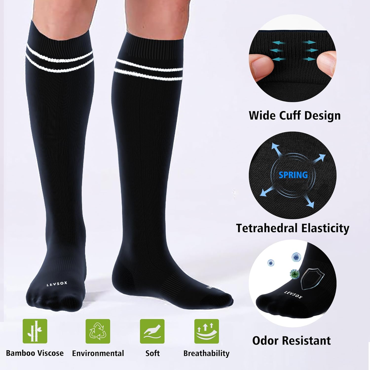 LEVSOX Viscose Made from Bamboo Compression Socks for Pregnant Women 20-30 mmHg Knee High Cute Mens Supports Socks for Travel - Image 3
