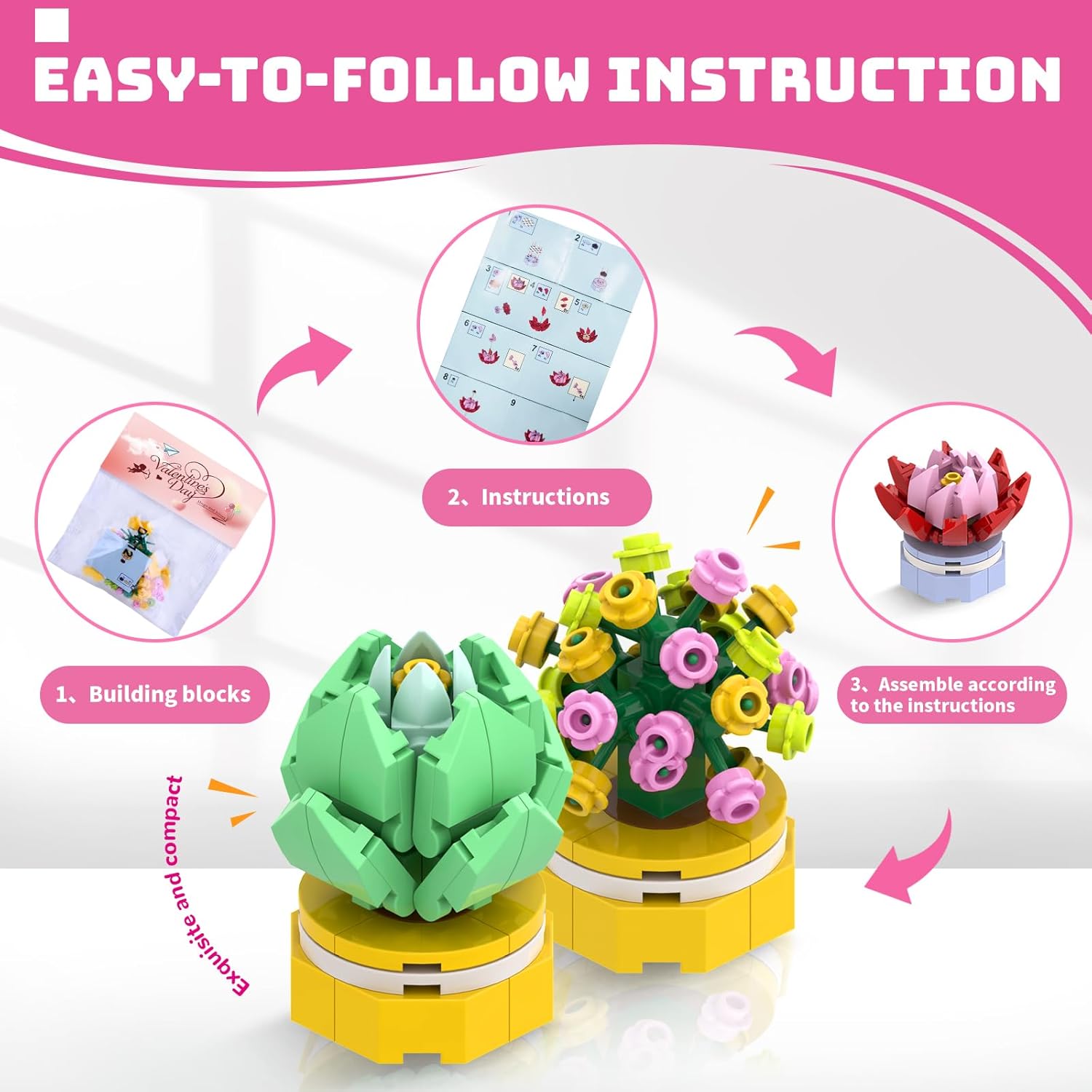 Uiseba Valentines Day Gifts for Kids Classroom/School,24PCS Building Blocks Succulent Plants Kits and Valentines Cards,Toys for 3+ Years Old Girls & Boys