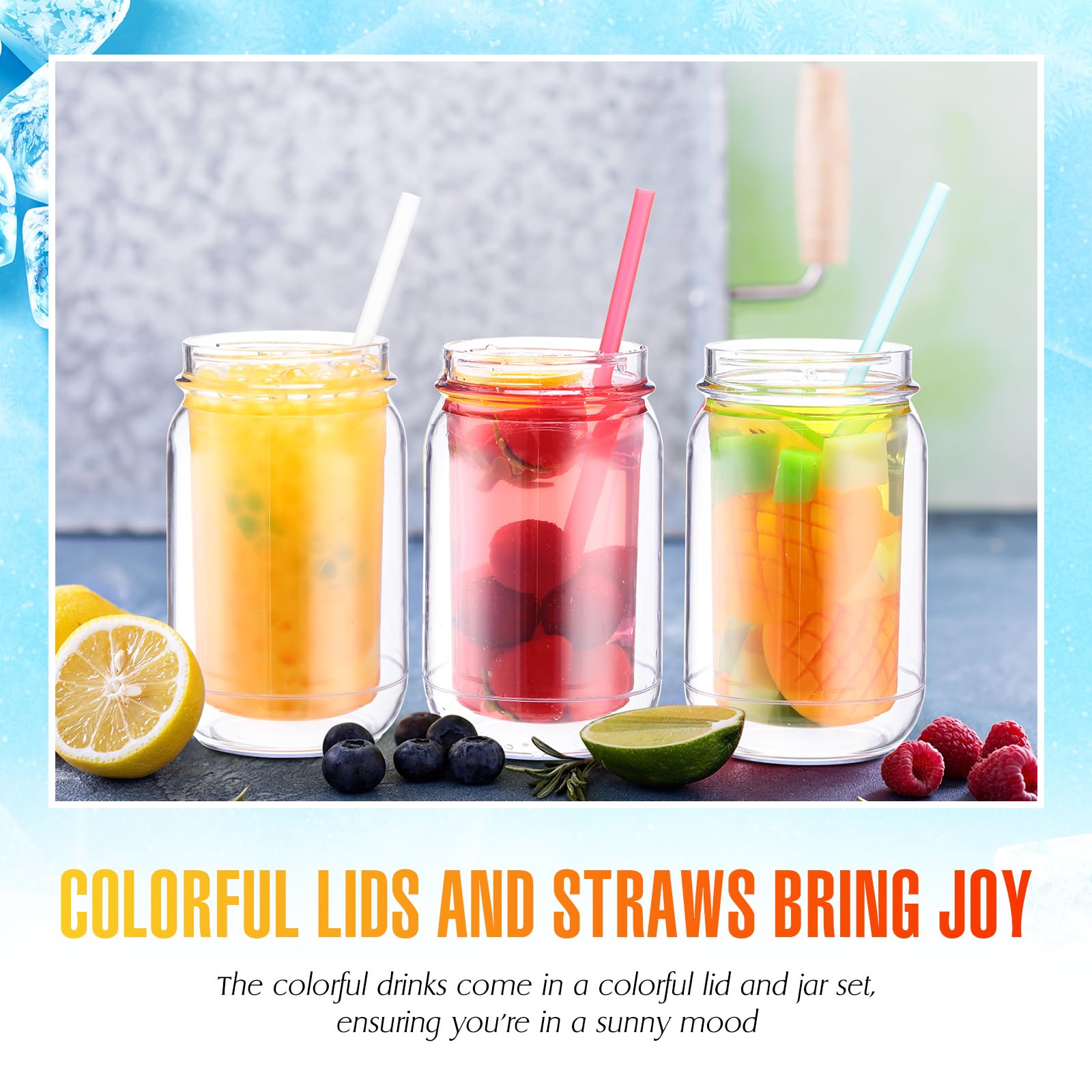 Suclain 10 Pack Plastic Mason Jars with Handles, Lids and Straws Mouth Mason Jar Mugs 20 oz Double Insulated Tumbler with Straw Large Clear Plastic Mason Jars Mugs for Kids Adults Coffee Juice