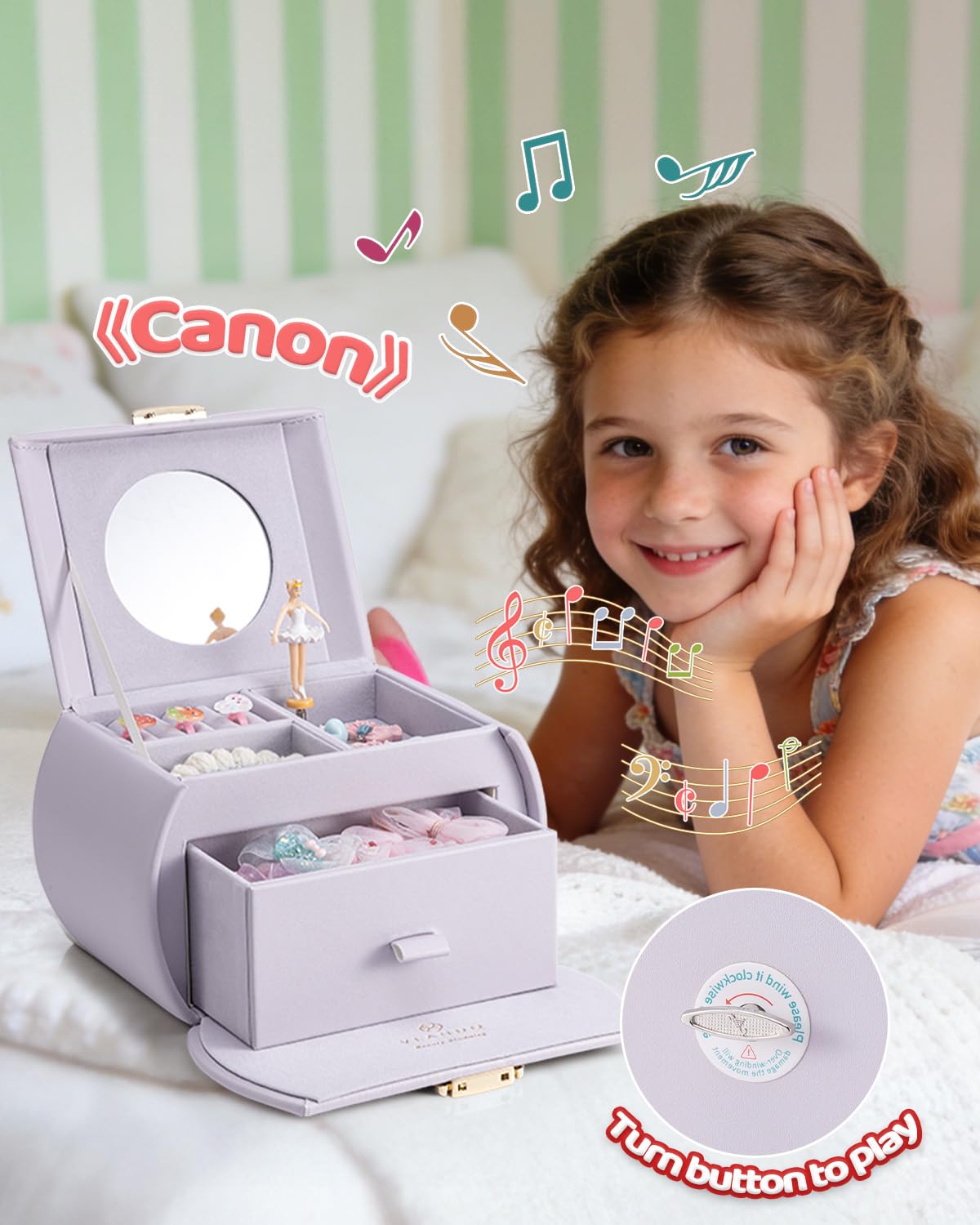 VLANDO Joyero para niñas con cajón, caja de música con bailarina y calcomanías para decoración de dormitorio, regalos para niñas y niños (morado niebla)