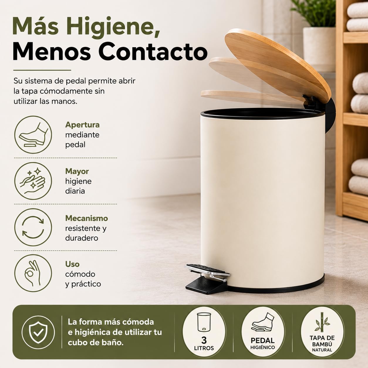 TIENDA EURASIA – Papelera Baño | Metal + Tapa de Bambú | Capacidad 3L | Medidas 17x21x23.5 cm y Cubo Interior 16.8x16.8x18.2 | con Pedal (Beige)