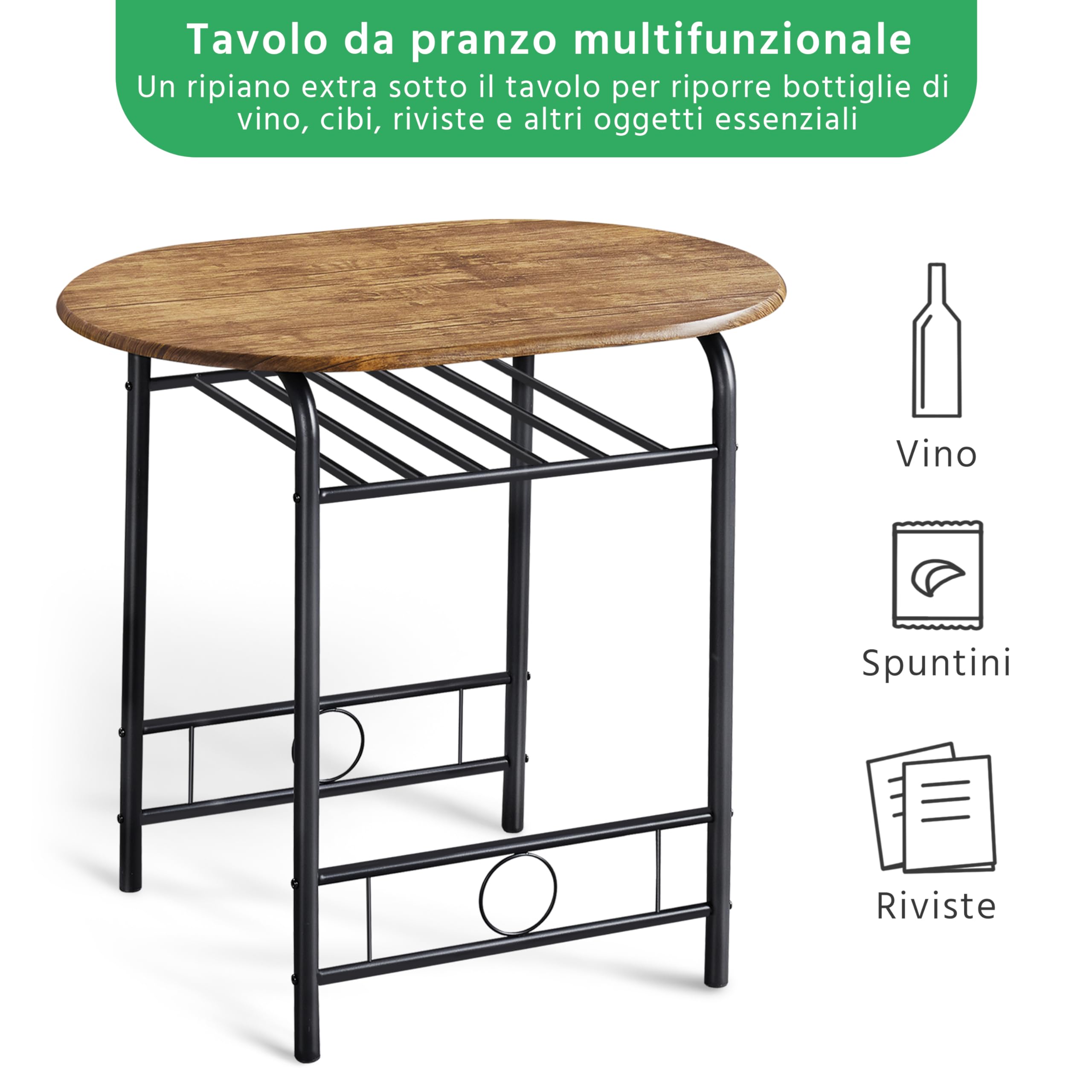 Yaheetech Set Mobili da Bar Tavolo e 2 Sedie Sala da Pranzo Cucina Piccoli Spazi Salvaspazio Balcone per 2 Persone in Legno e Metallo Sedia Portata 136 kg Marrone Retro