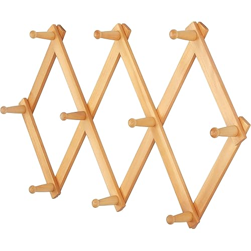 Dseap Accordian Wall Hanger: 16” High Wooden Wall Expandable Coat Rack, Hat Rack Holder, Accordion Hook for Baseball Caps, Coats, Mugs, 10 Peg Hooks, Natural