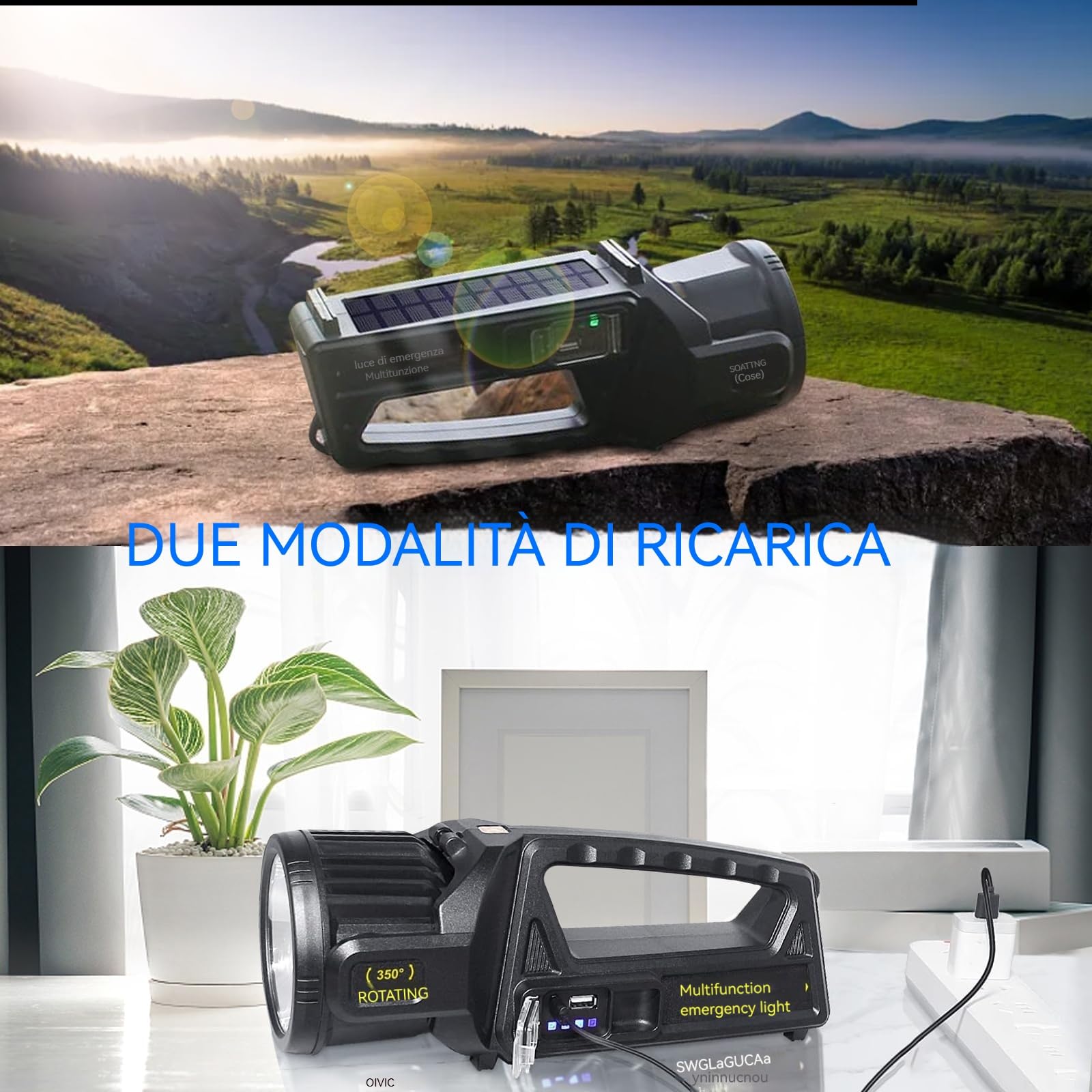 LETOUR Faretto da 350000LM, torcia LED ricaricabile con testa girevole a 350°, 9 modalità super luminose, per esterni, torcia impermeabile IPX4 per le emergenze