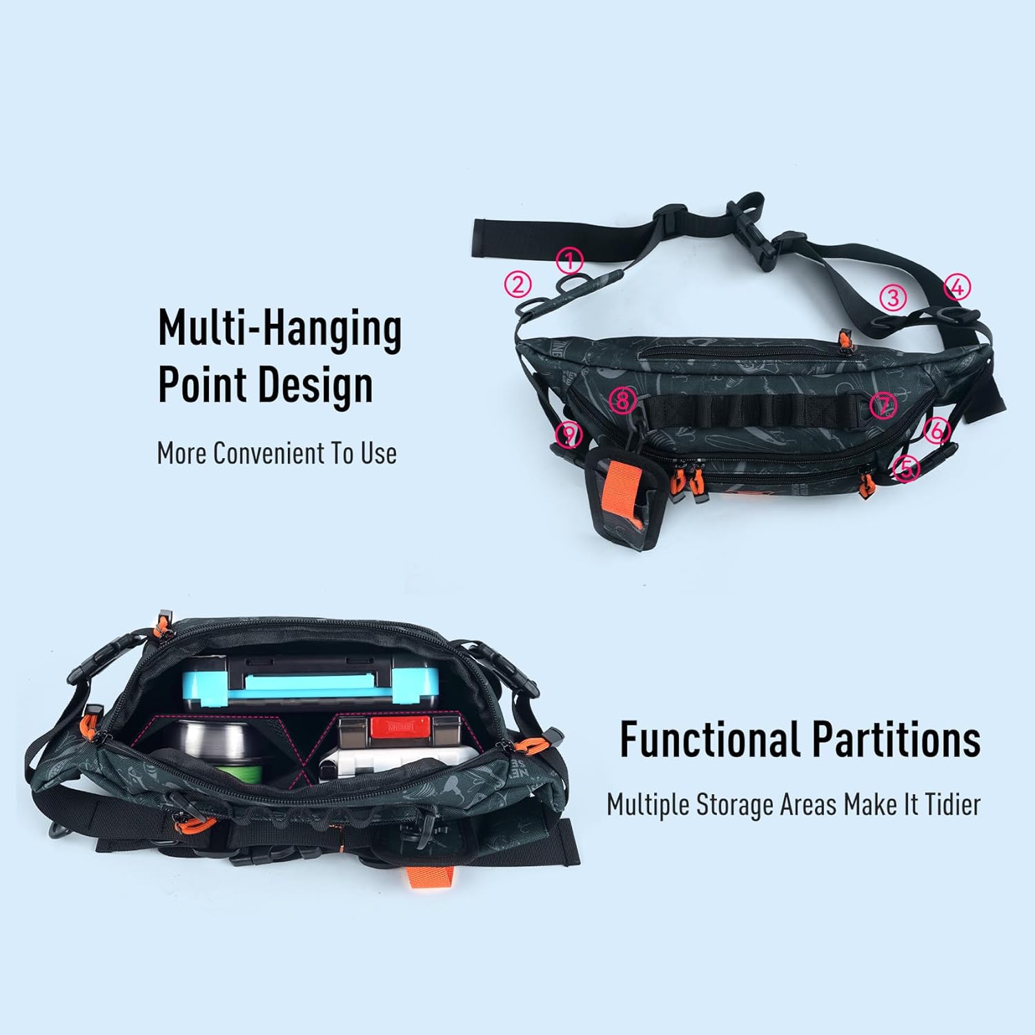 KINGDOM Fishing Waist Pack - Black Multifunctional Lure Tackle Storage Bag, Water-Resistant Lightweight Fly Fishing Vest Pack with Adjustable Belt for Fishing Accessories