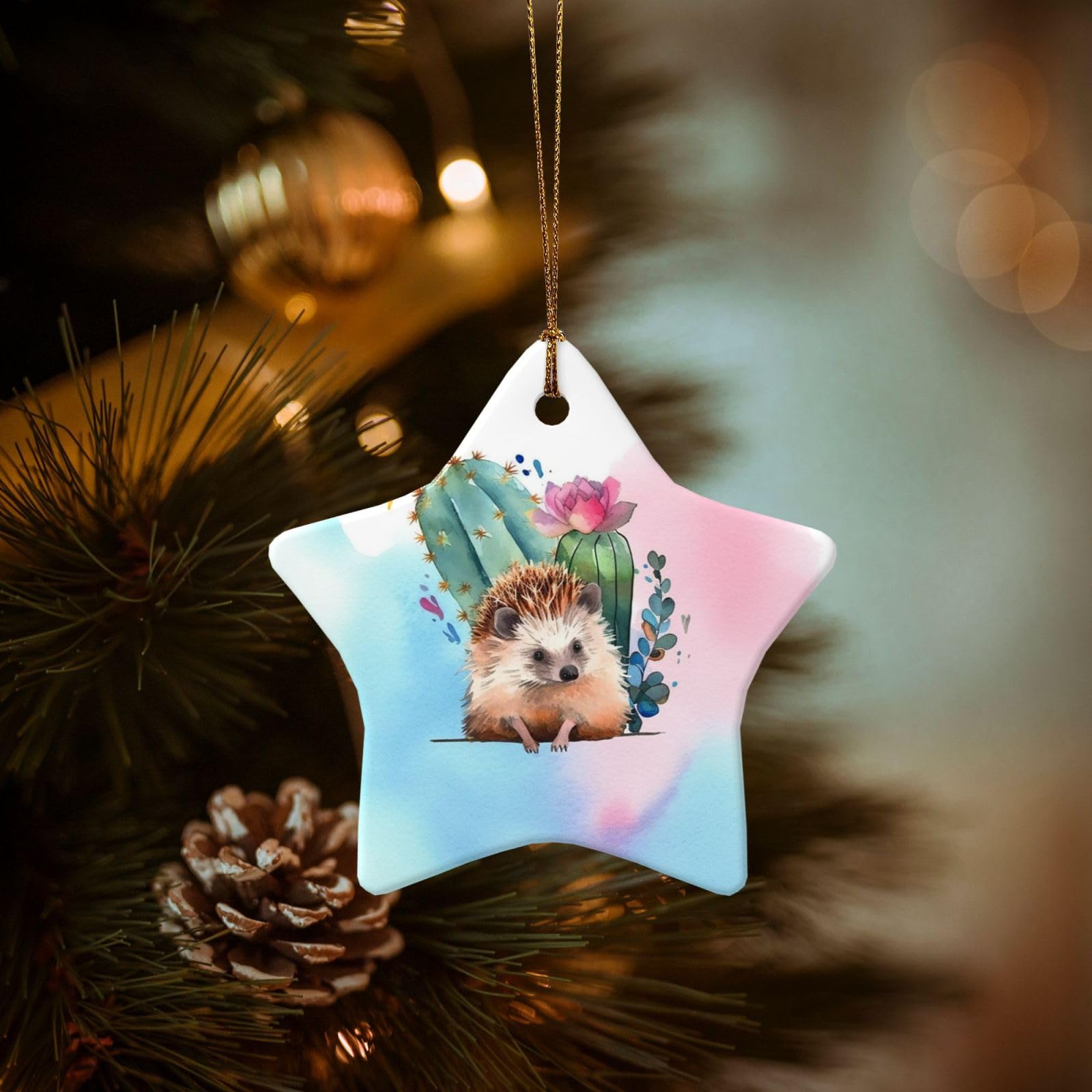Christmas Tree Ornaments Ceramics Christmas Decorations Watercolor Hedgehog Ornaments with Gold Ribbon Porcelain Xmas Tree Crafts Star Shape Hanging Pendant for Christmas Tree Party Decor
