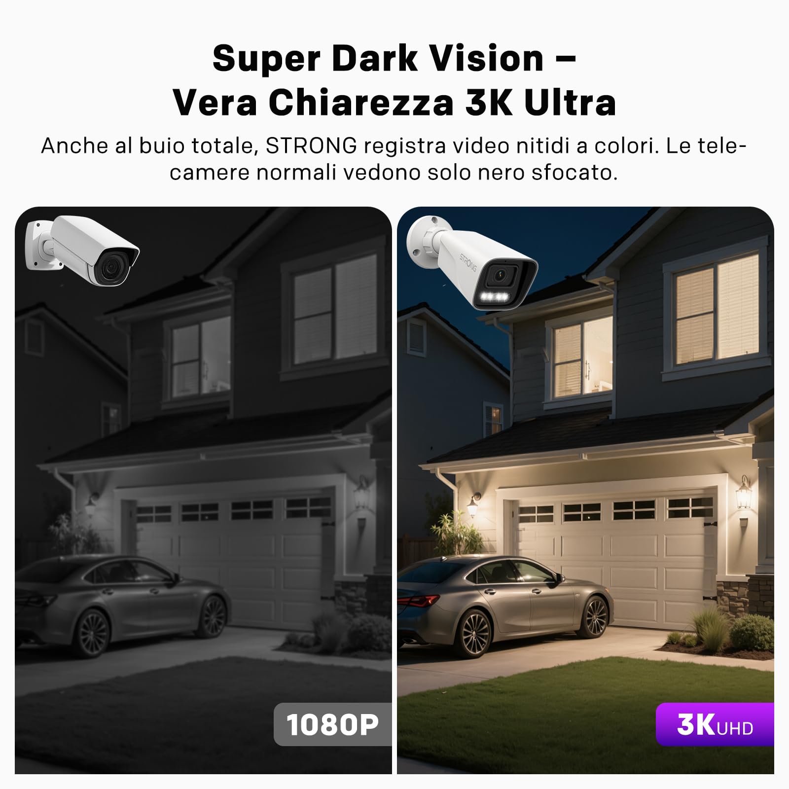 Strong Telecamera Esterna 3K 5MP, Sicurezza PoE con Rilevamento Movimento/Umano, Visione Notturna, Avvisi Veicoli, IP67 Impermeabile, Microfono Integrato, Registrazione NVR/Cloud, Controllo App