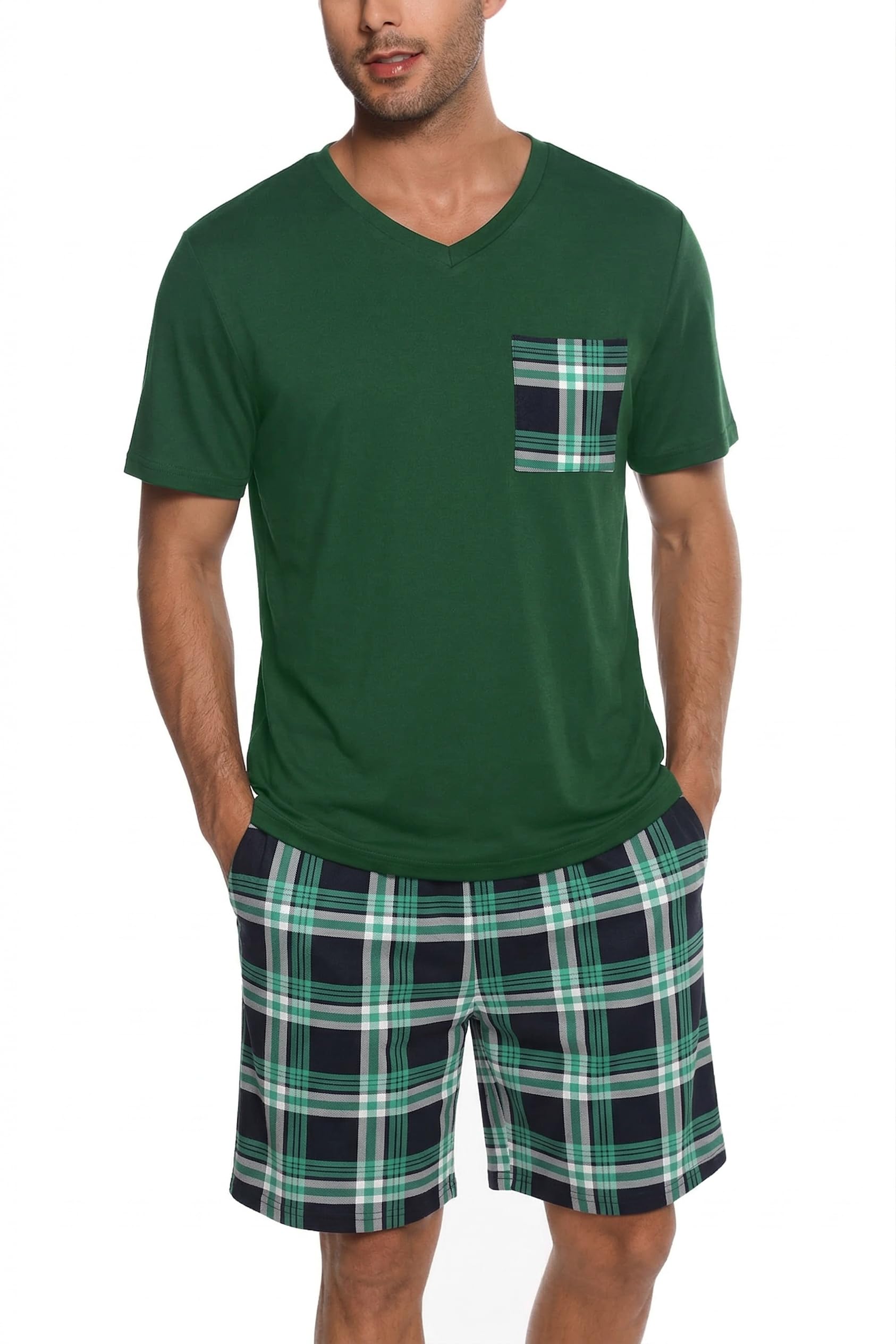 Ekouaer Schlafanzug Herren Kurz Lustig Karierte Pyjama Kurzer Sommer Shorty Zweiteilige Casual V-Ausschnitt Nachtwäsche Set Geschenk für Männer