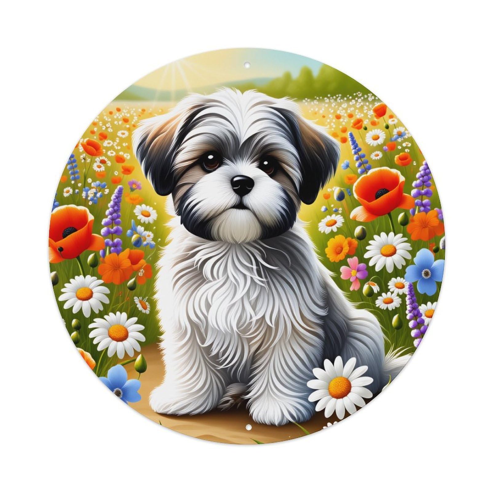 Flower Field Puppy Dog Art Round Tin Sign Vintage Style Metal Sign Home Bar Garden Wall Plaque Decor Metal Poster 8x8 Inch