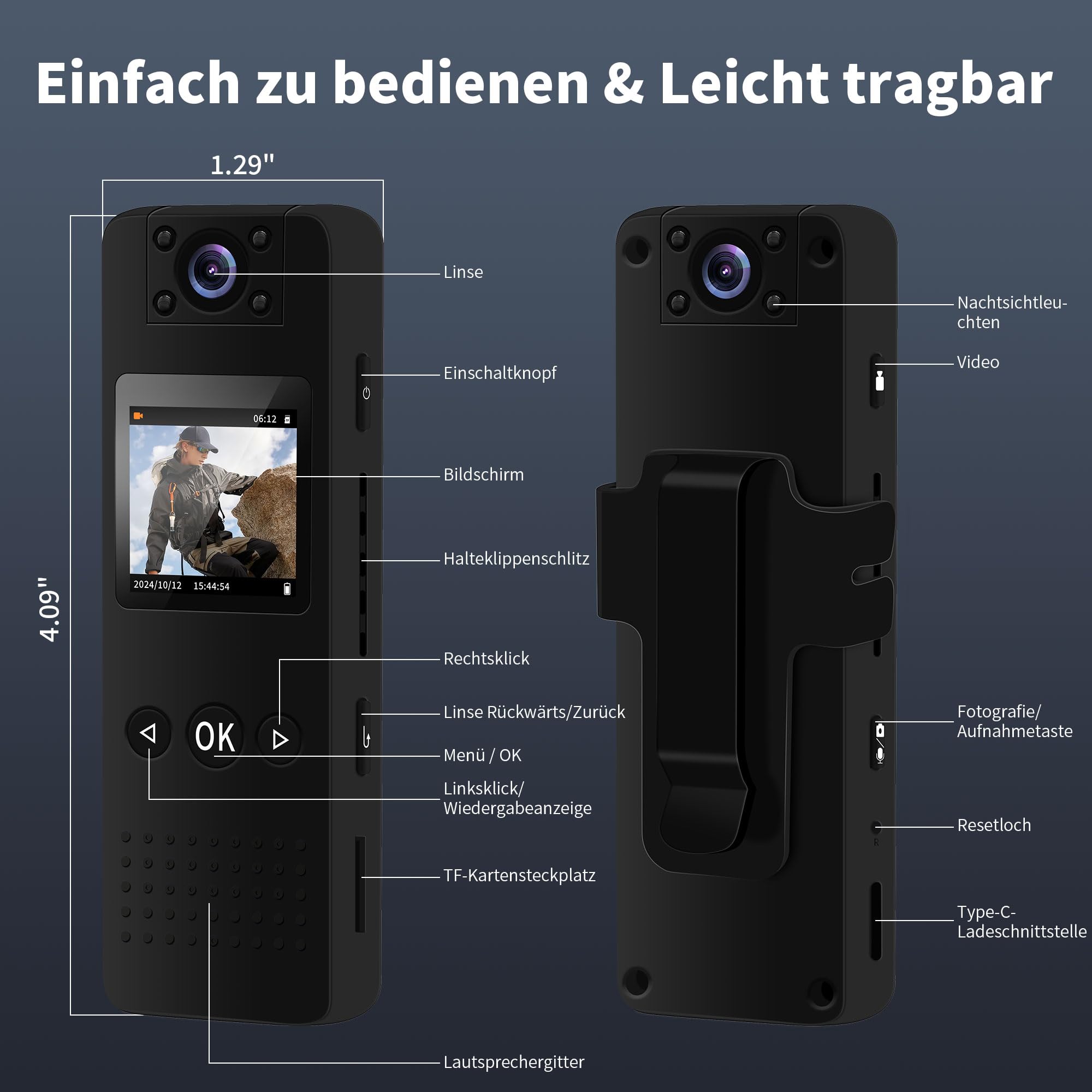 4K Bodycam Körperkamera Mini, Body Cam mit APP, Mini Body Camera Bewegungserkennung Tragbare Überwachungskamera, Kleine Kamera ohne WLAN, Mini Kamera, Videokamera für Polizei/Sport
