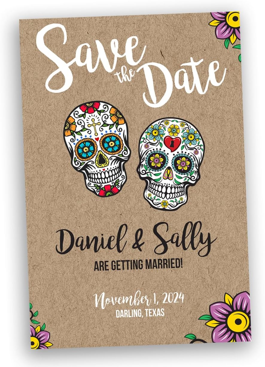Sugar Skull Wedding Save the Date Cards - Kraft Day of the Dead Bridal Invitations - Personalized with Envelopes - Halloween