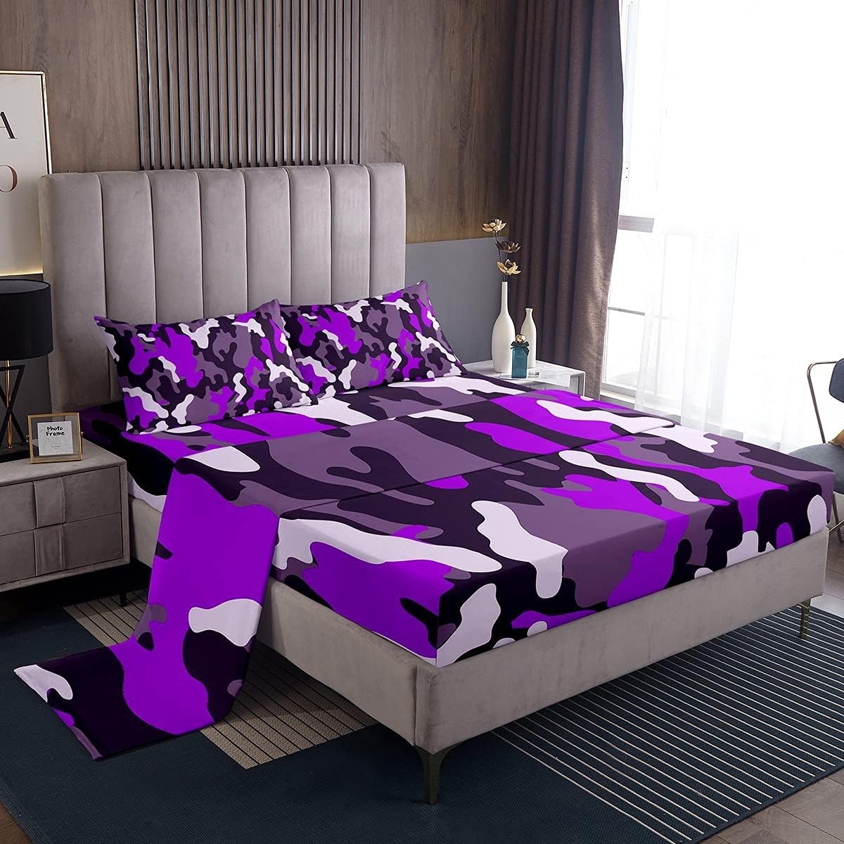 Feelyou Boys Camo Bed Set Vibrant Camouflage Lattice Sheet Set Kids Young Man Modern Design Colorful Bed Sheets Purle Black White Sheets 3Pcs Twin Size Multi 3 Twin