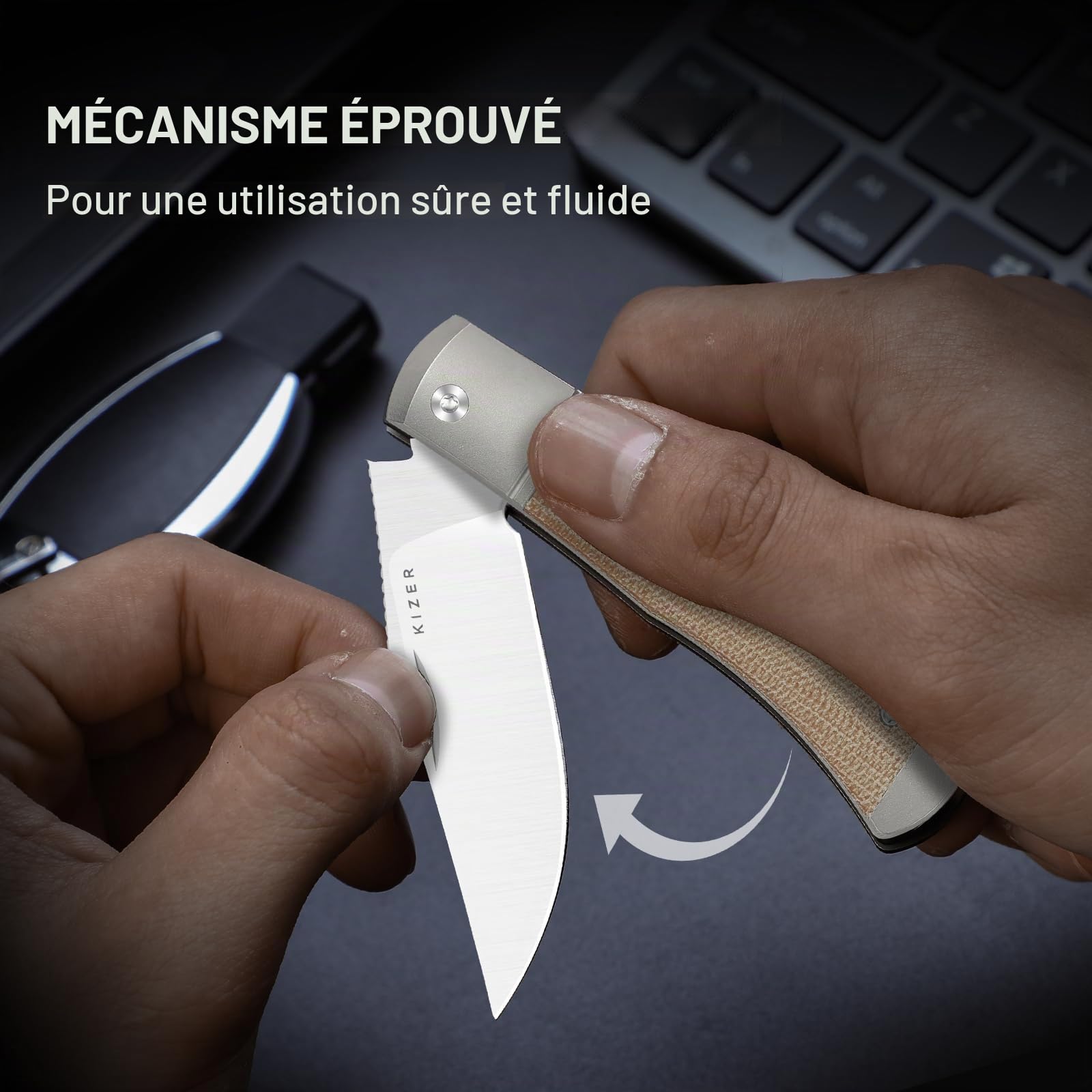 Kizer Trestle Couteau de Poche, Lame 7,35 CM 14C28N Couteau EDC Slip Joint avec Manche en Titane Argenté et Micarta Marron, Petits Couteaux Pliants avec Ouvre-Boîte, V3761A1