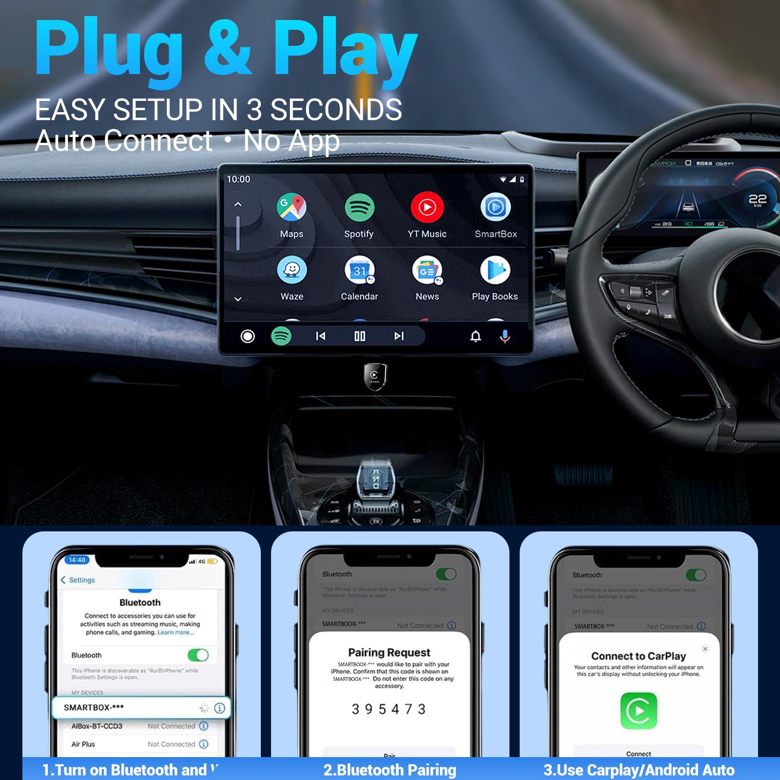 Wireless CarPlay Adapter UK - 2026 Apple Car Play Wireless Adapter, 2-in-1 Android Auto Dongle, Mini Plug & Play for Wired CarPlay, USB-A & C, WiFi 6 No Lag Auto-Connect — view 3